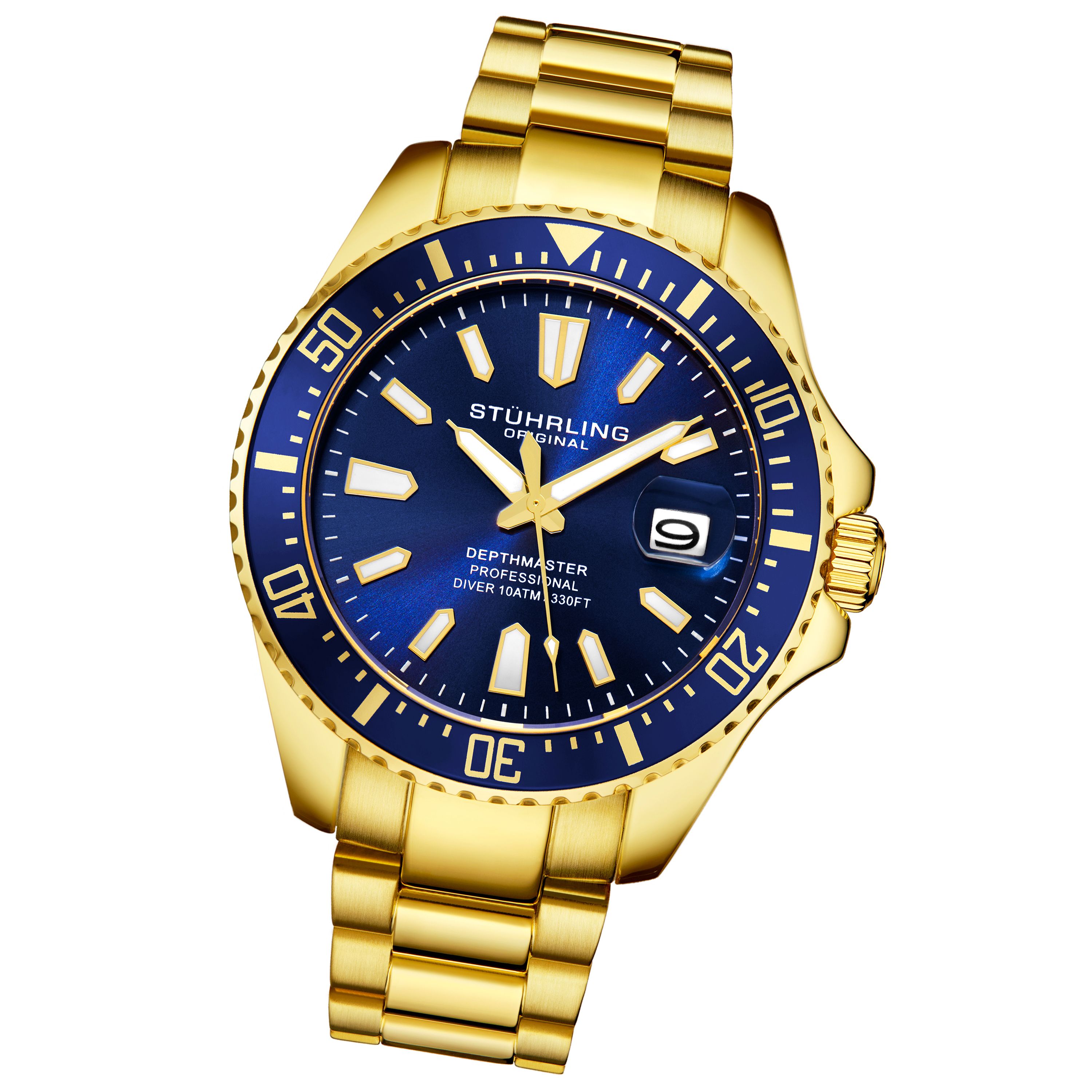 Men's Diver, Gold Toned Case, Blue Dial, Blue Bezel, Gold-tone Bracelet Watch