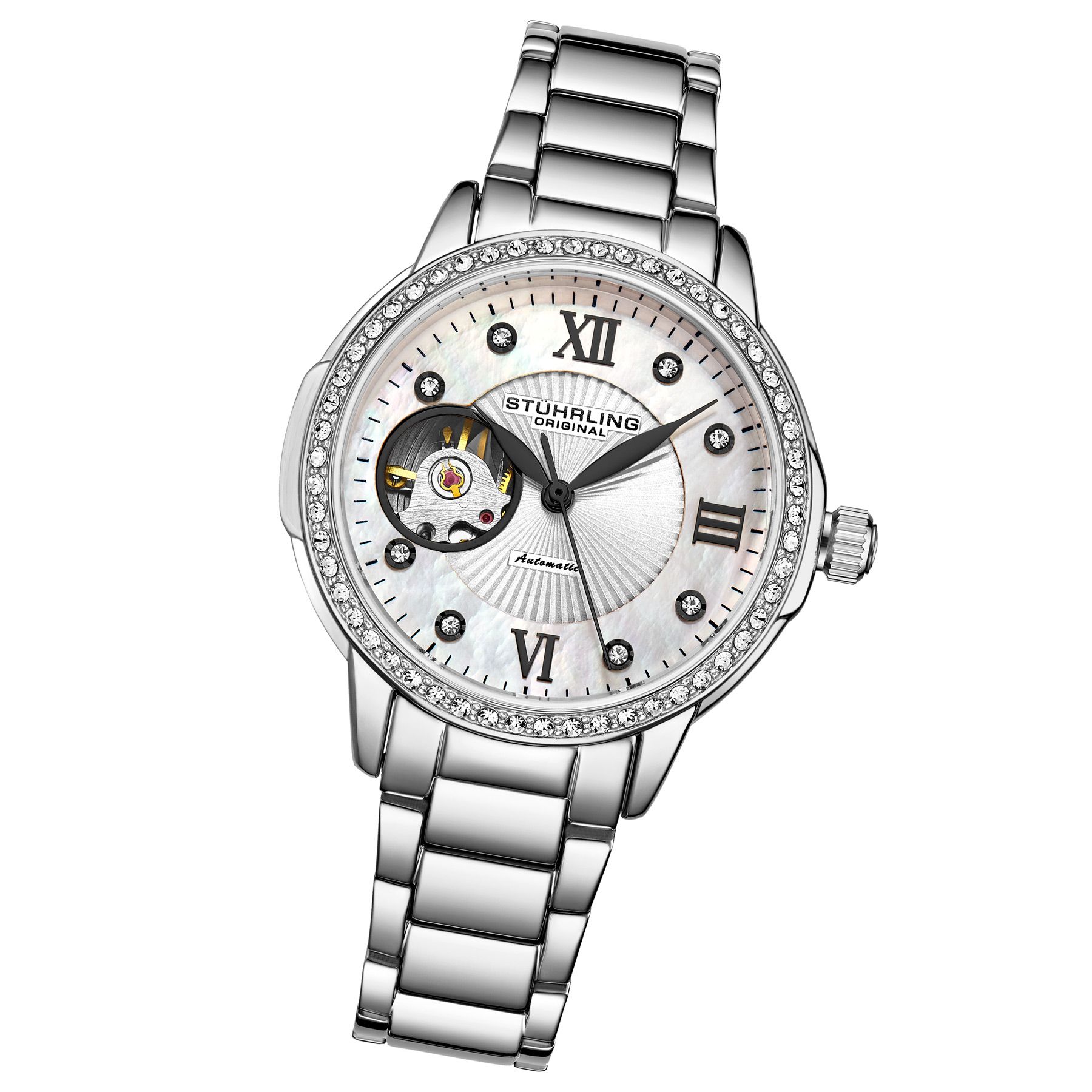 Ladies Automatic Silver Case, Silver Crystal Studded Bezel, Silver MOP Dial, Grey Hands, Crystal and Grey Markers, Silver Bracelet Watch
