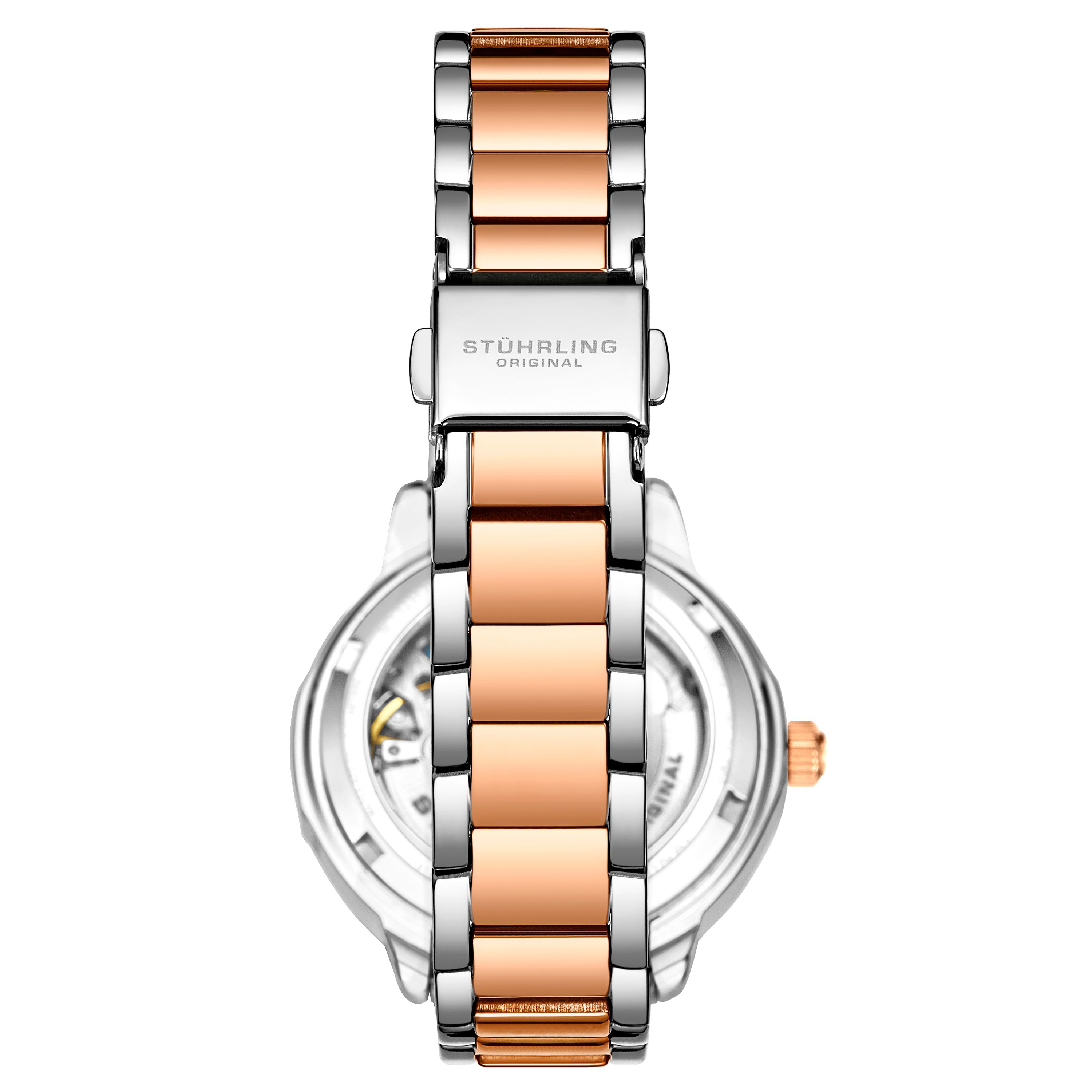 Ladies Automatic Silver Case, Rose/Gold Toned Crystal Studded Bezel, Silver MOP Dial, Rose/Gold Toned Hands, Crystal and Rose/Gold Toned Markers, TT Rose/Gold Toned and Silver Bracelet Watch