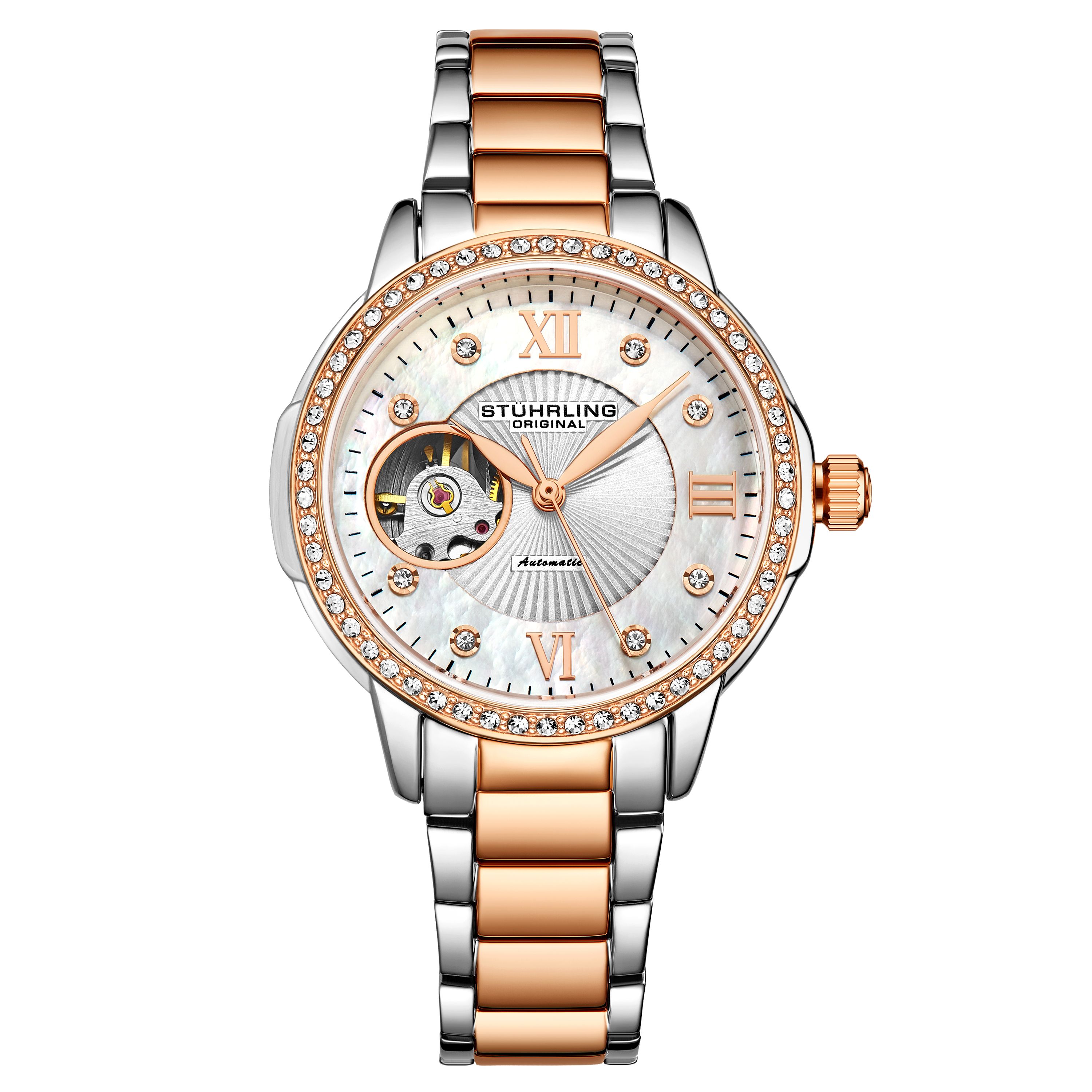 Ladies Automatic Silver Case, Rose/Gold Toned Crystal Studded Bezel, Silver MOP Dial, Rose/Gold Toned Hands, Crystal and Rose/Gold Toned Markers, TT Rose/Gold Toned and Silver Bracelet Watch