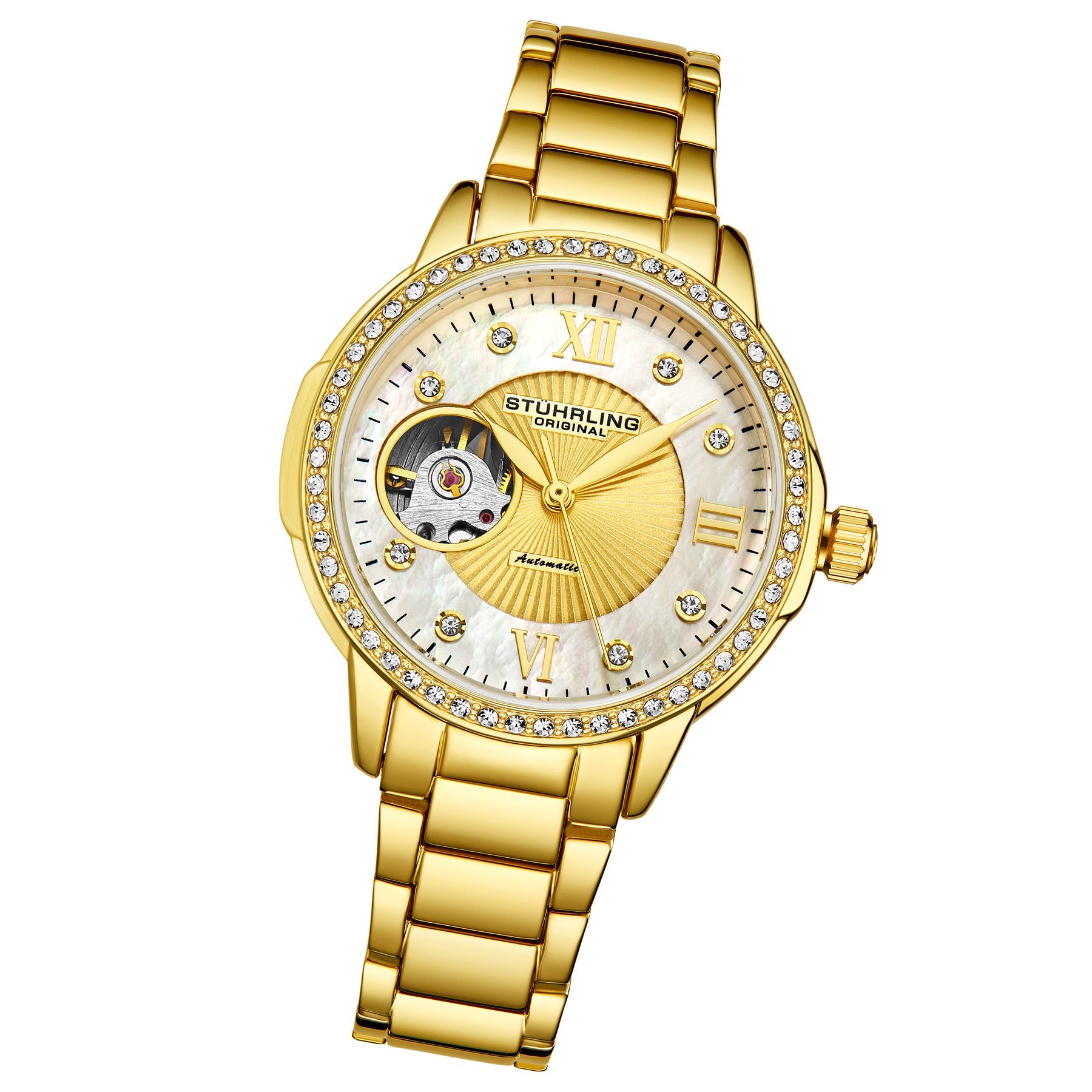 Ladies Automatic Gold Toned Case, Gold Toned Crystal Studded Bezel, Silver MOP Dial, Gold Toned Hands, Crystal and Gold Toned Markers, Gold Toned Bracelet Watch