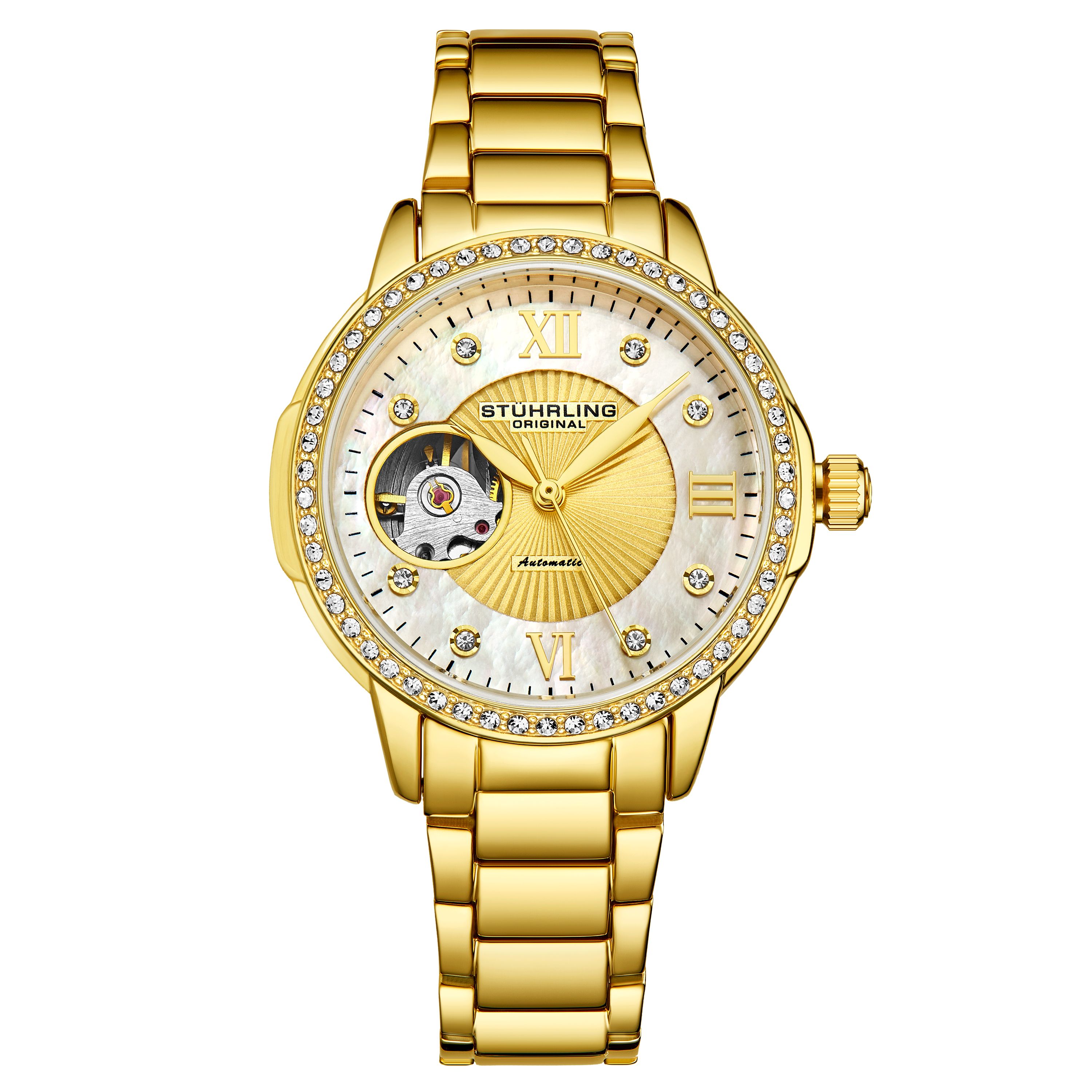 Ladies Automatic Gold Toned Case, Gold Toned Crystal Studded Bezel, Silver MOP Dial, Gold Toned Hands, Crystal and Gold Toned Markers, Gold Toned Bracelet Watch