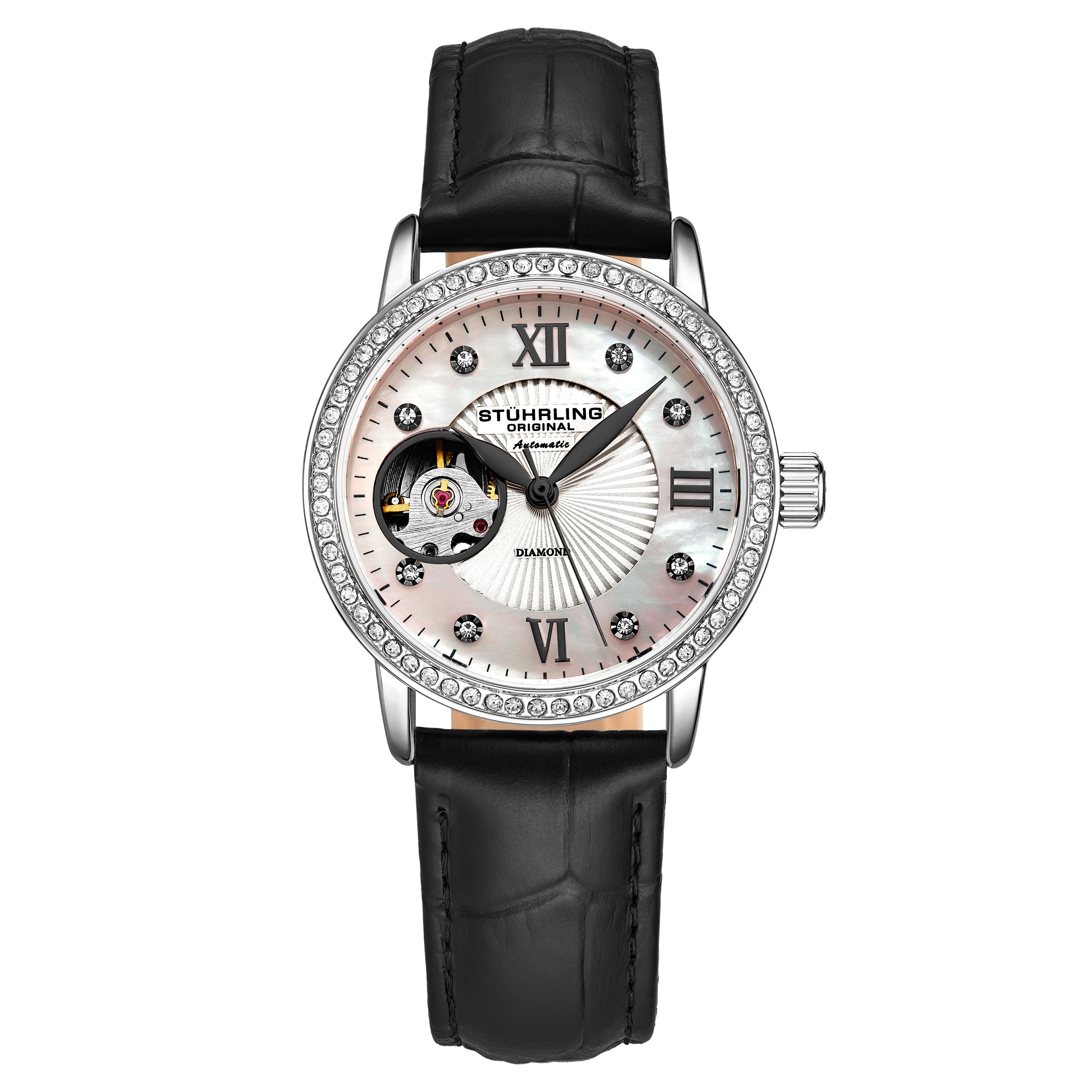 Ladies Automatic Silver Case, Silver Crystal Studded Bezel, White MOP Dial, Black Hands, Black Crystal Markers, Black Alligator Embossed Genuine Leather Strap Watch