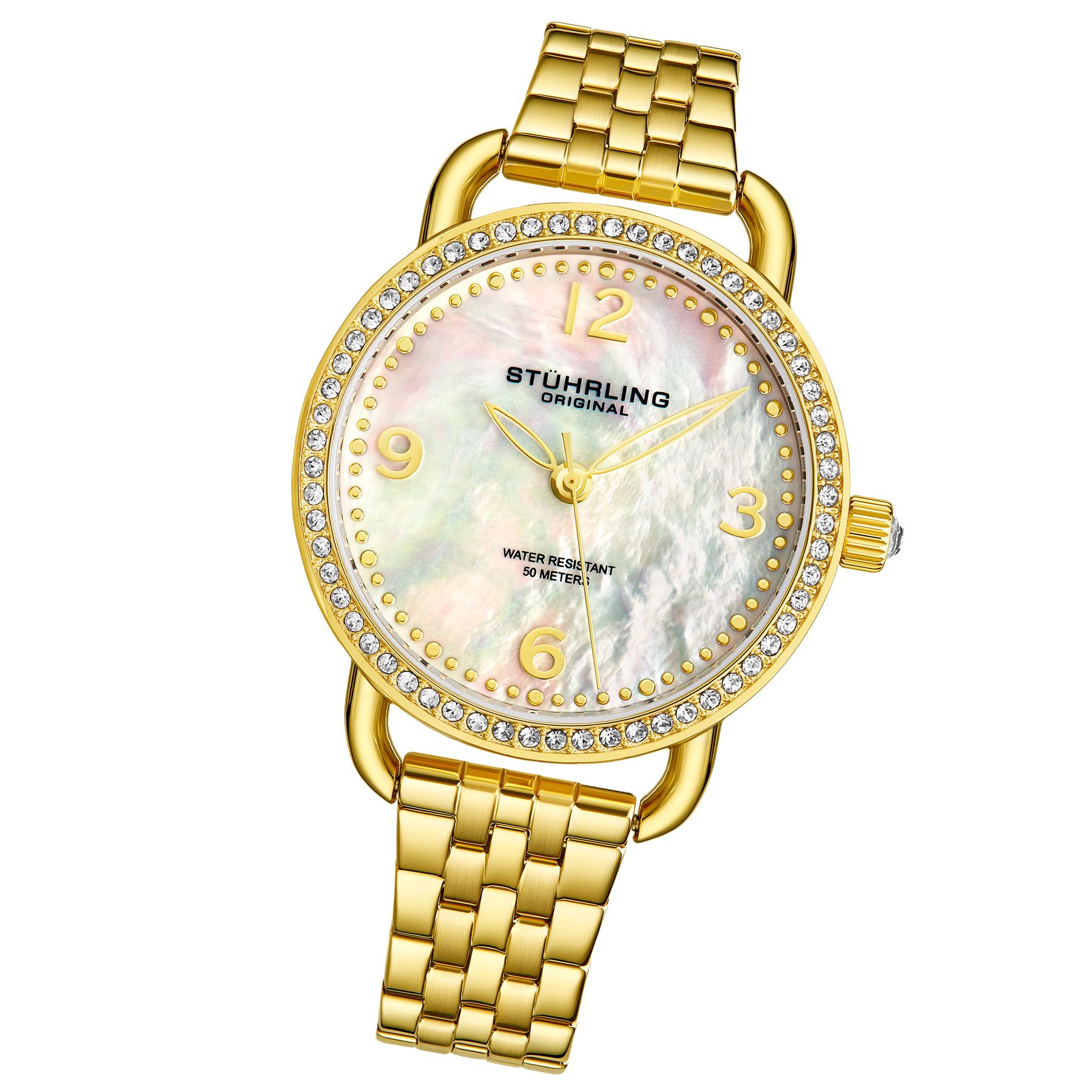 Ladies Quartz Gold Toned Case, Gold Toned Crystal Studded Bezel, MOP Silver Dial, Gold Toned Hands And Markers, TT Gold Toned Link Bracelet Watch