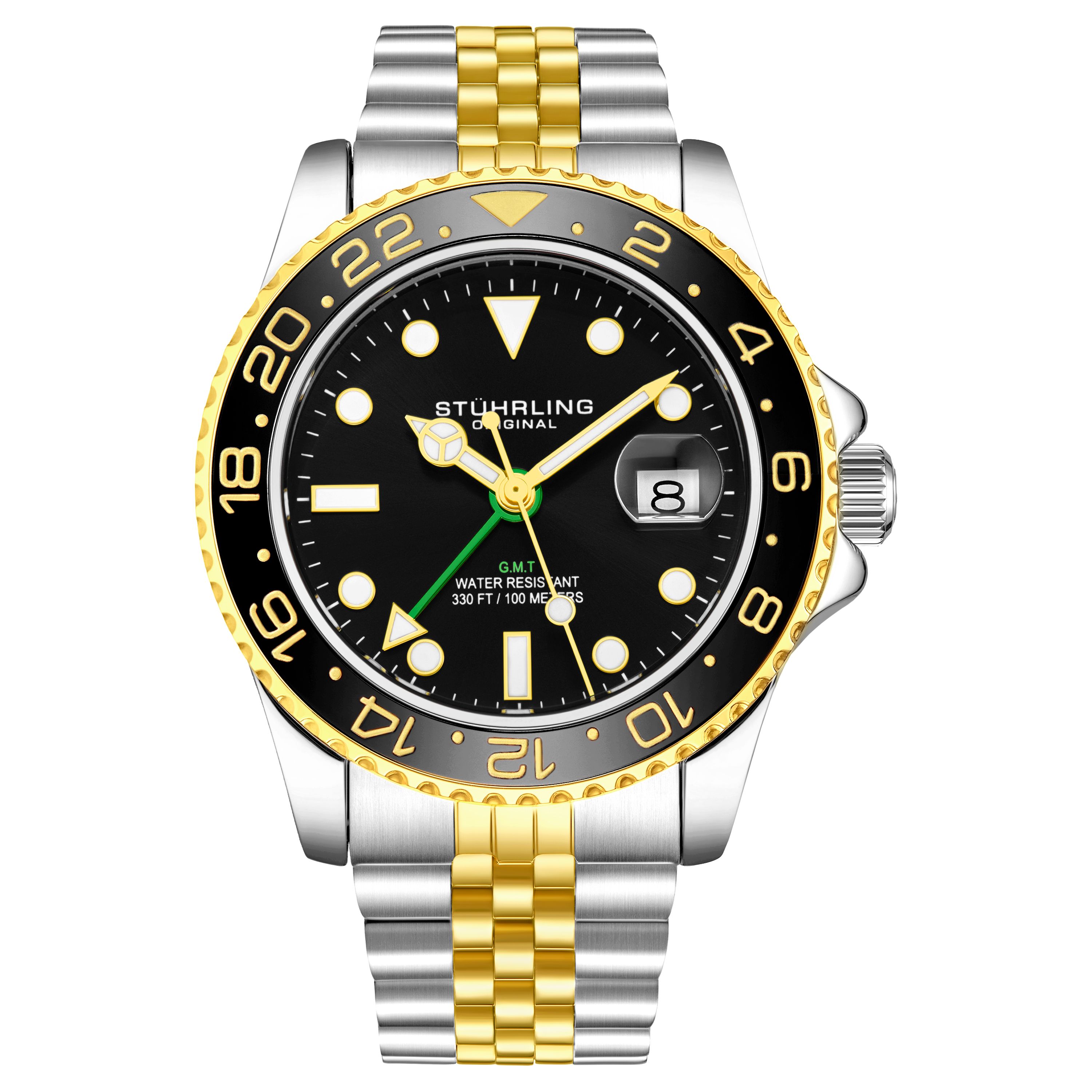 Men's Diver, Gold/Silver Bracelet, Black Dial, Black/Gold Bezel Watch