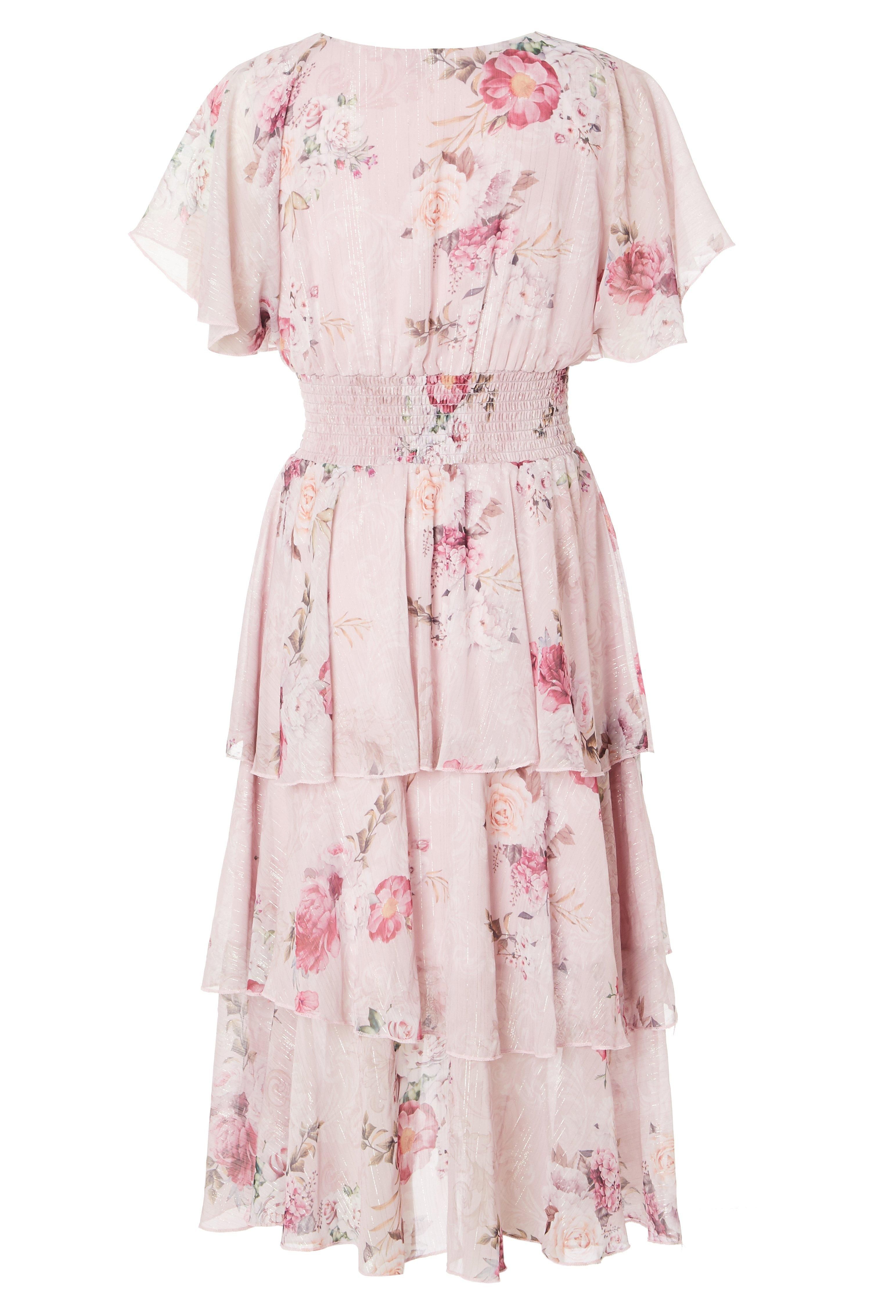 Pink Floral Chiffon Midi Dress