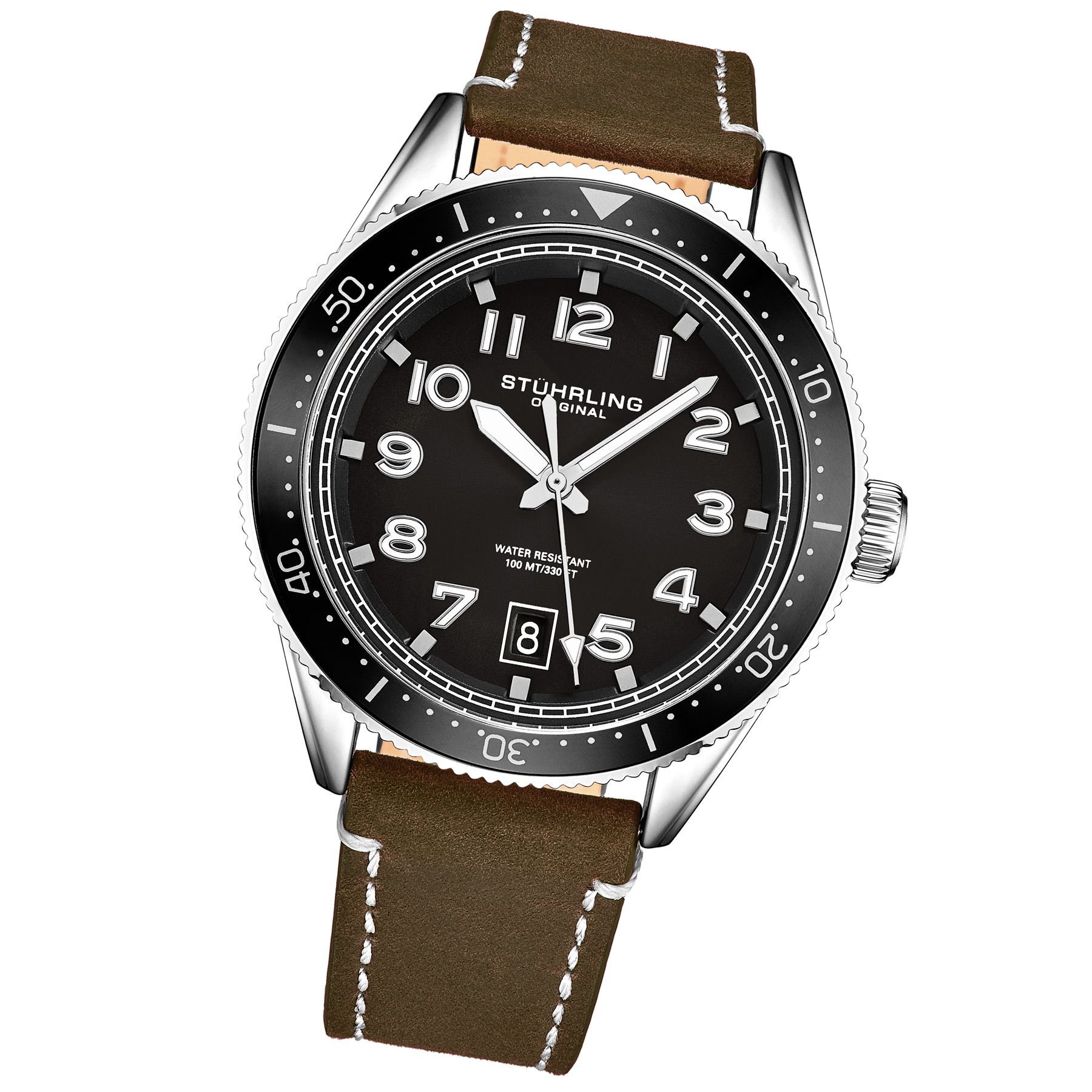 Men's Quartz Silver Case, Black Bezel, Black Dial, Luminous Silver Hands and Markers, Brown Leather Strap with White Contrast Stitching Watch