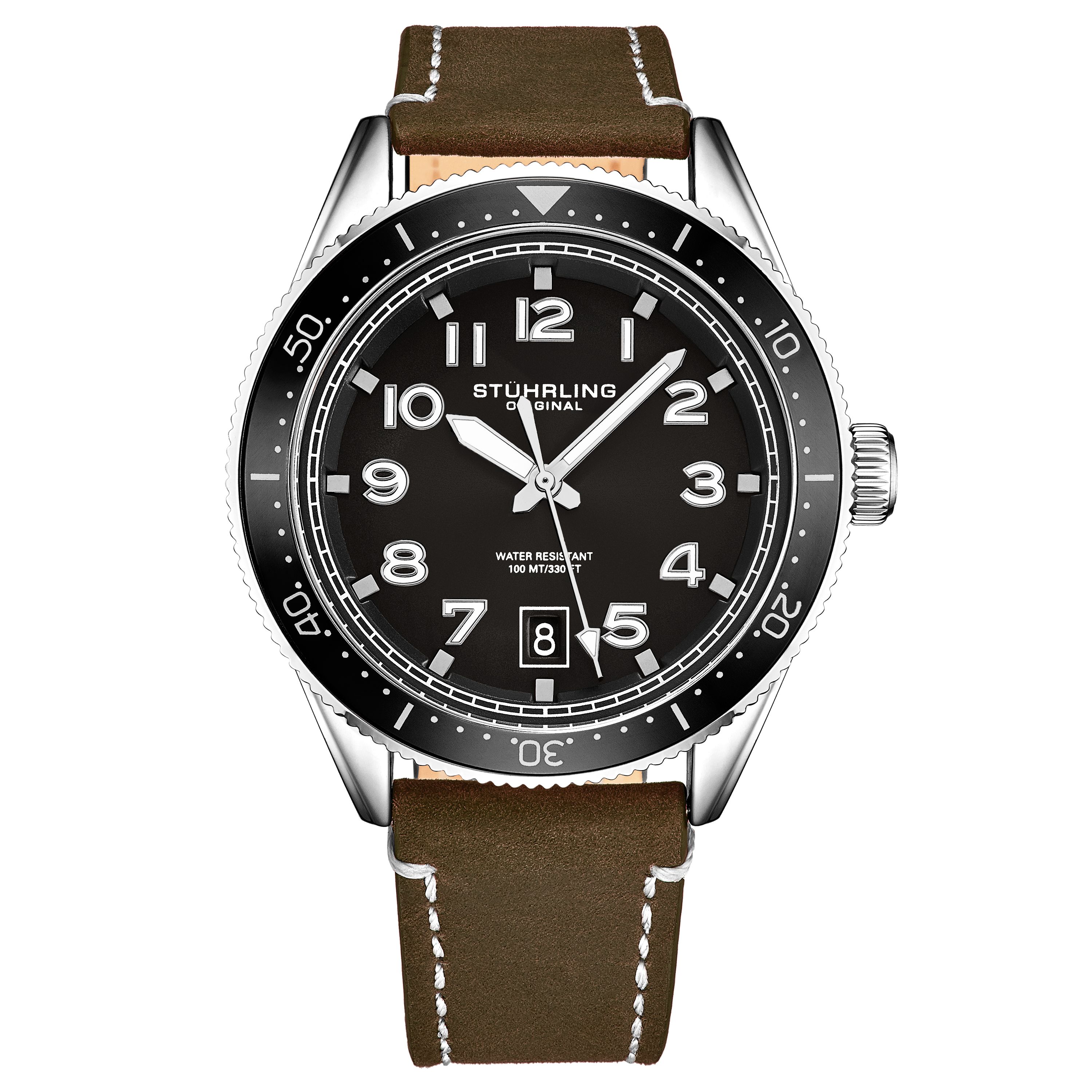 Men's Quartz Silver Case, Black Bezel, Black Dial, Luminous Silver Hands and Markers, Brown Leather Strap with White Contrast Stitching Watch