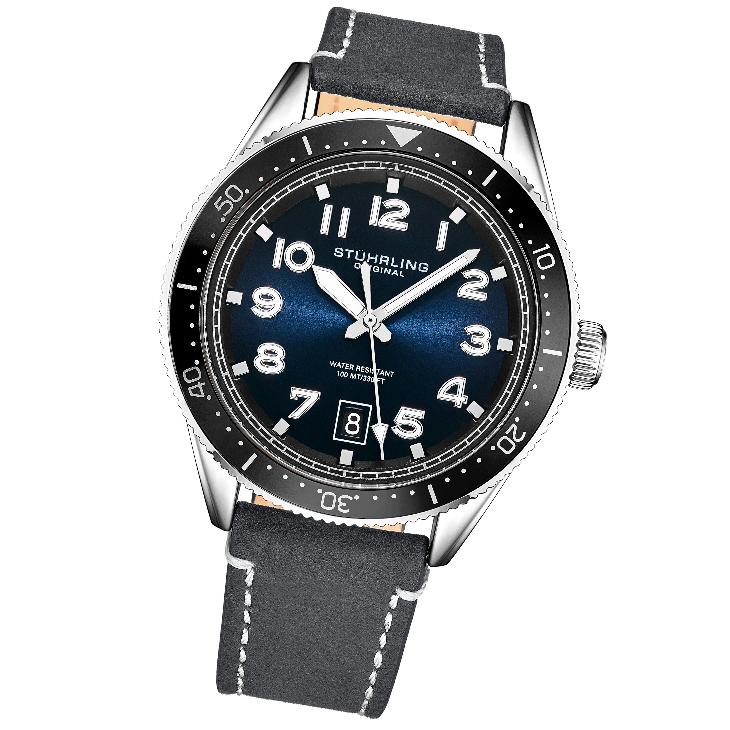 Men's Quartz Silver Case Watch, Black Bezel, Blue Dial, Luminous Silver Hands and Markers, Gray Leather Strap with White Contrast Stitching