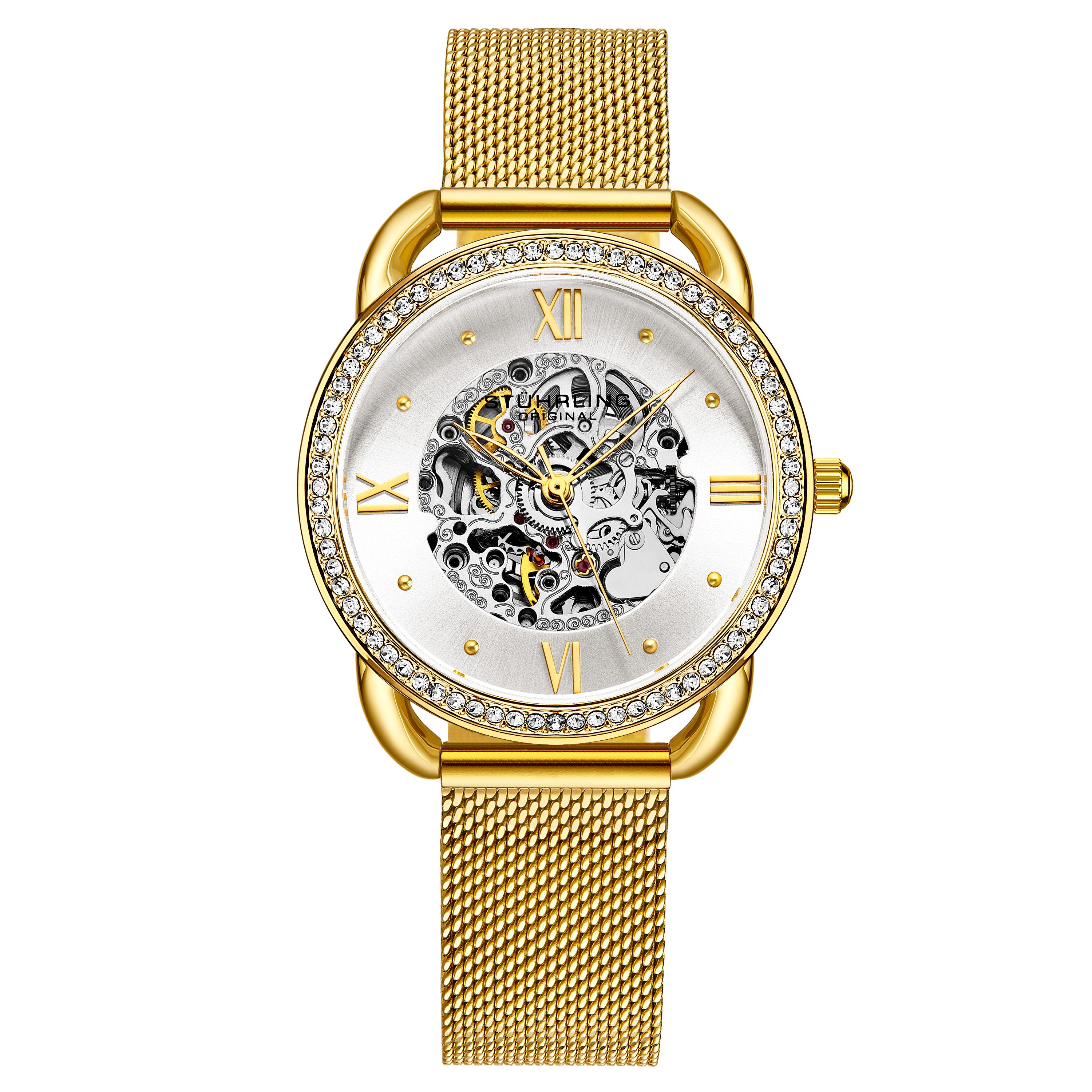 Ladies Automatic Gold Toned Case, Gold Toned Crystal Studded Bezel, Silver Dial, Gold Hands and Markers, Gold Toned Mesh Bracelet Strap Watch