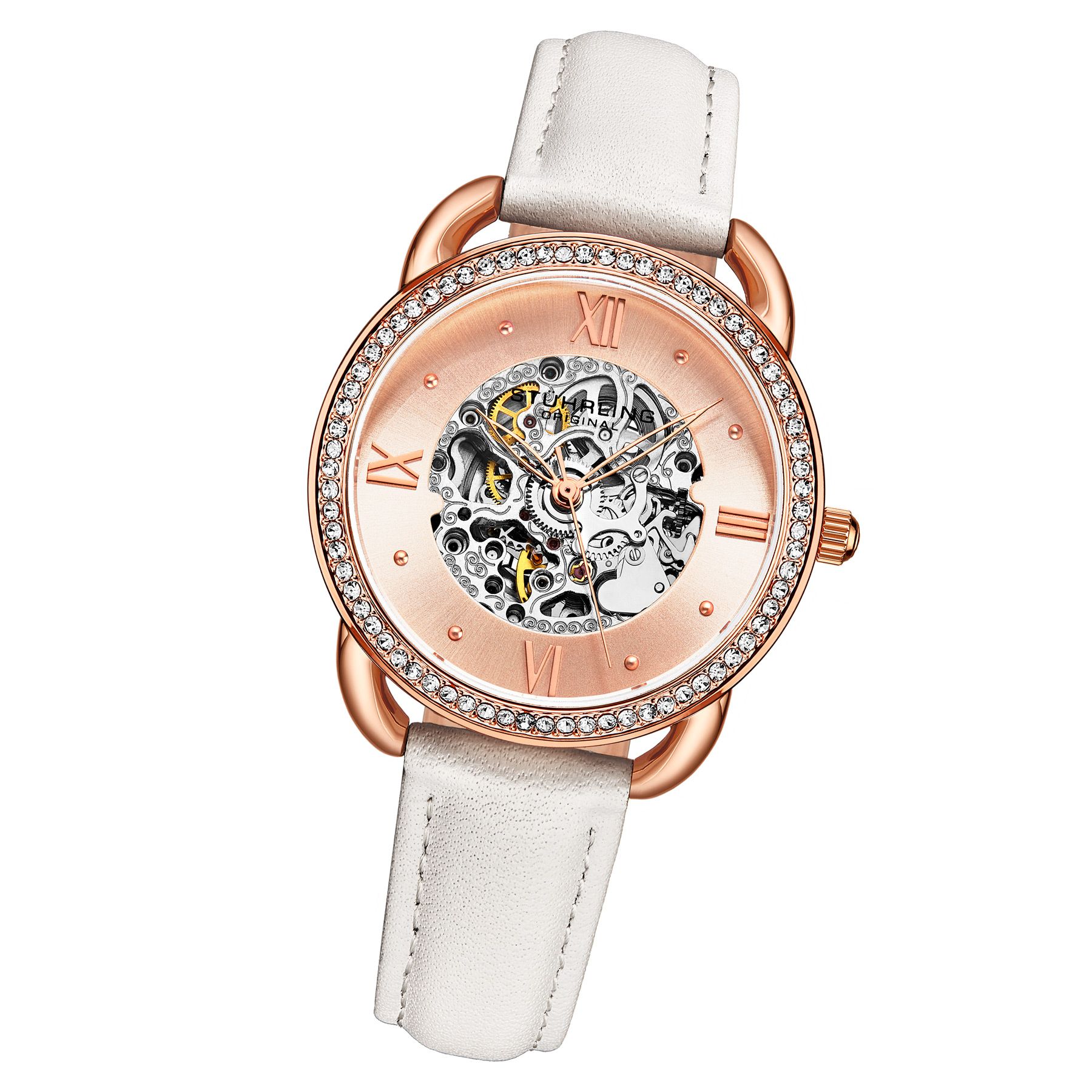 Ladies Automatic Rose/Gold Toned Case, Rose/Gold Toned Crystal Studded Bezel, Rose/Gold Toned Dial, Rose/Gold Hands and Markers, White Genuine Leather Strap Watch