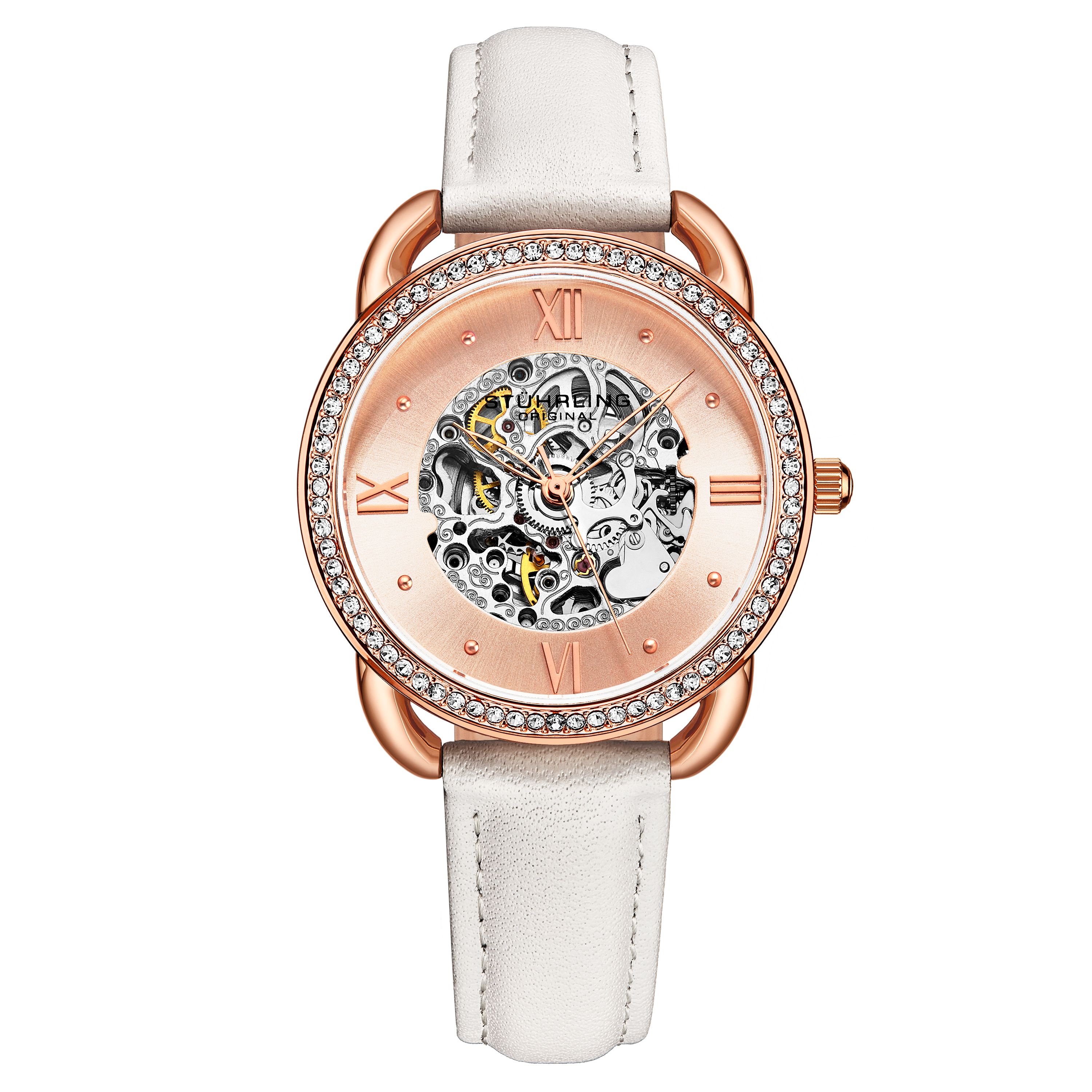 Ladies Automatic Rose/Gold Toned Case, Rose/Gold Toned Crystal Studded Bezel, Rose/Gold Toned Dial, Rose/Gold Hands and Markers, White Genuine Leather Strap Watch