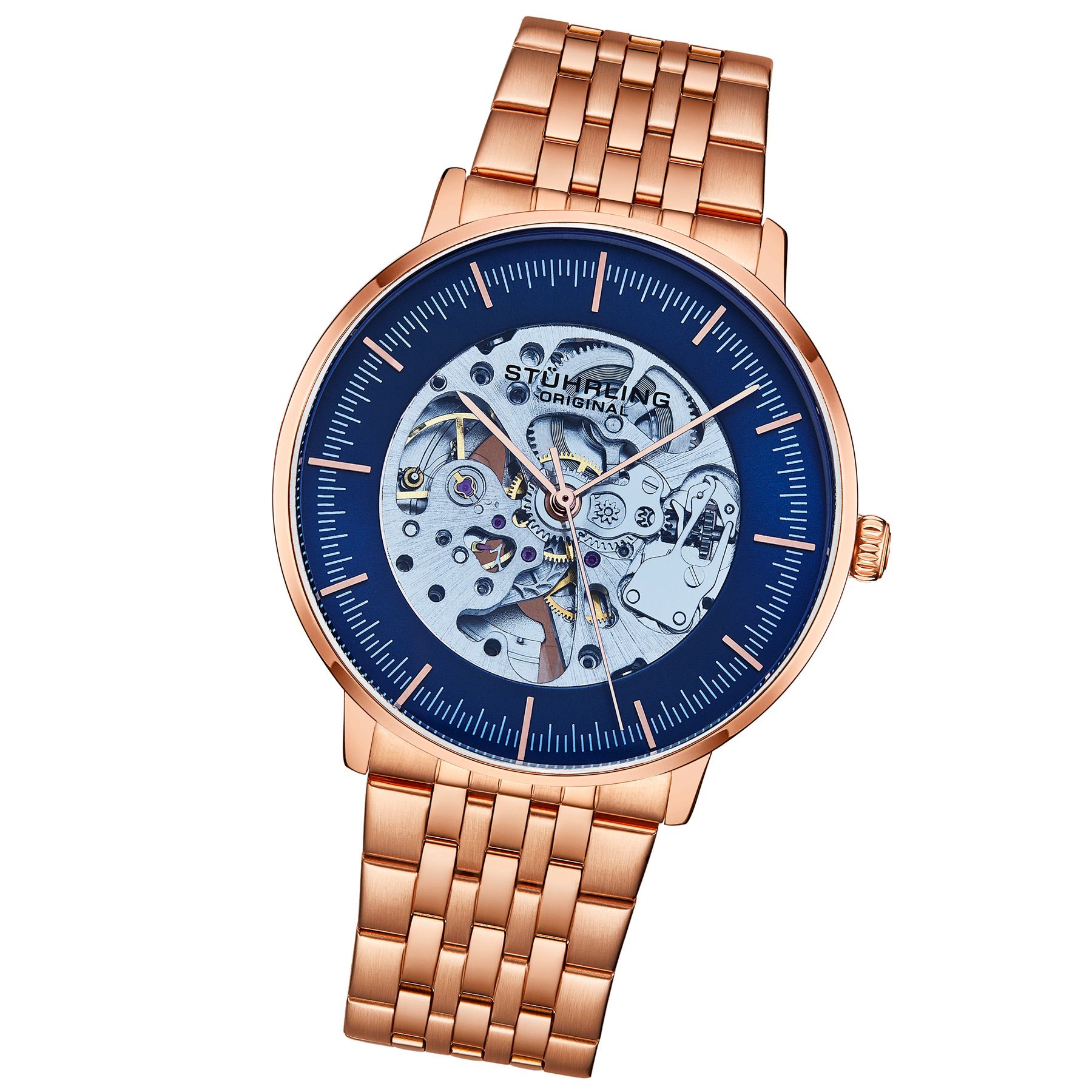 Men's Automatic Rose/Gold Toned Case, Rose/Gold Toned Bezel, Blue Tinted Glass, Blue Dial Ring with Silver Center With Gold Toned Colored Accent, Rose/Gold Toned Hands and Markers, Rose/Gold Toned Link Bracelet Watch
