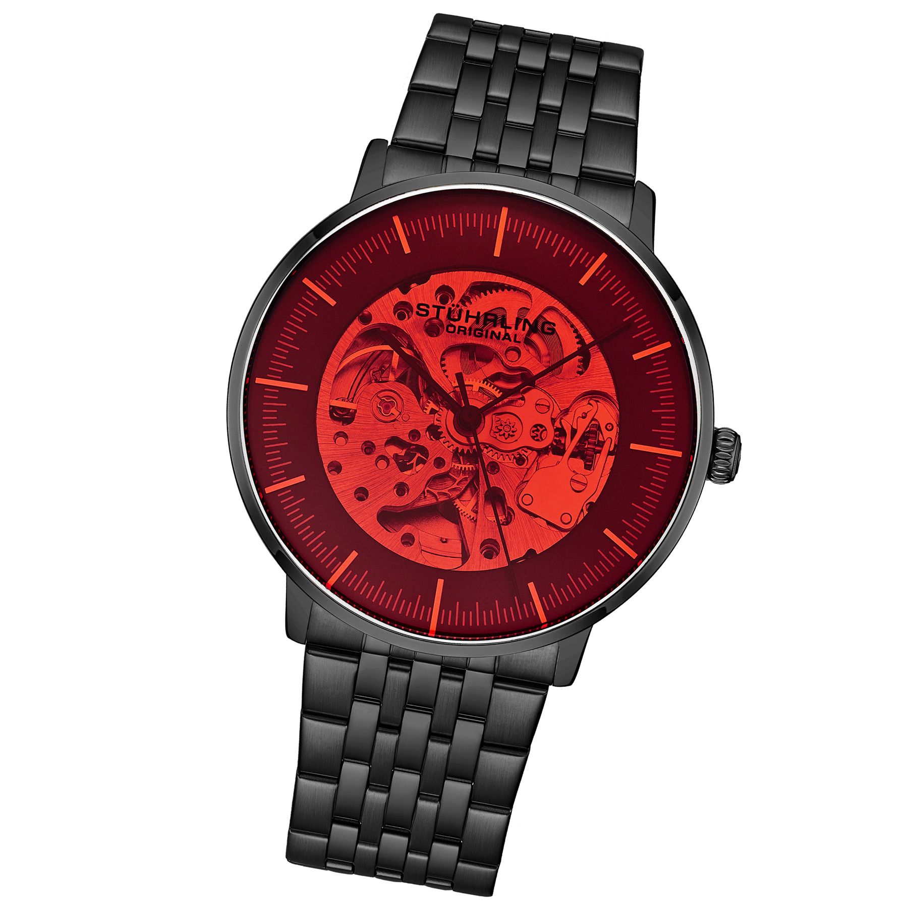 Men's Automatic Black Case, Black Bezel Red Tinted Glass, Grey Dial Ring with Silver Center With Gold Toned Colored Accent, Black Hands and Markers, Black Link Bracelet Watch
