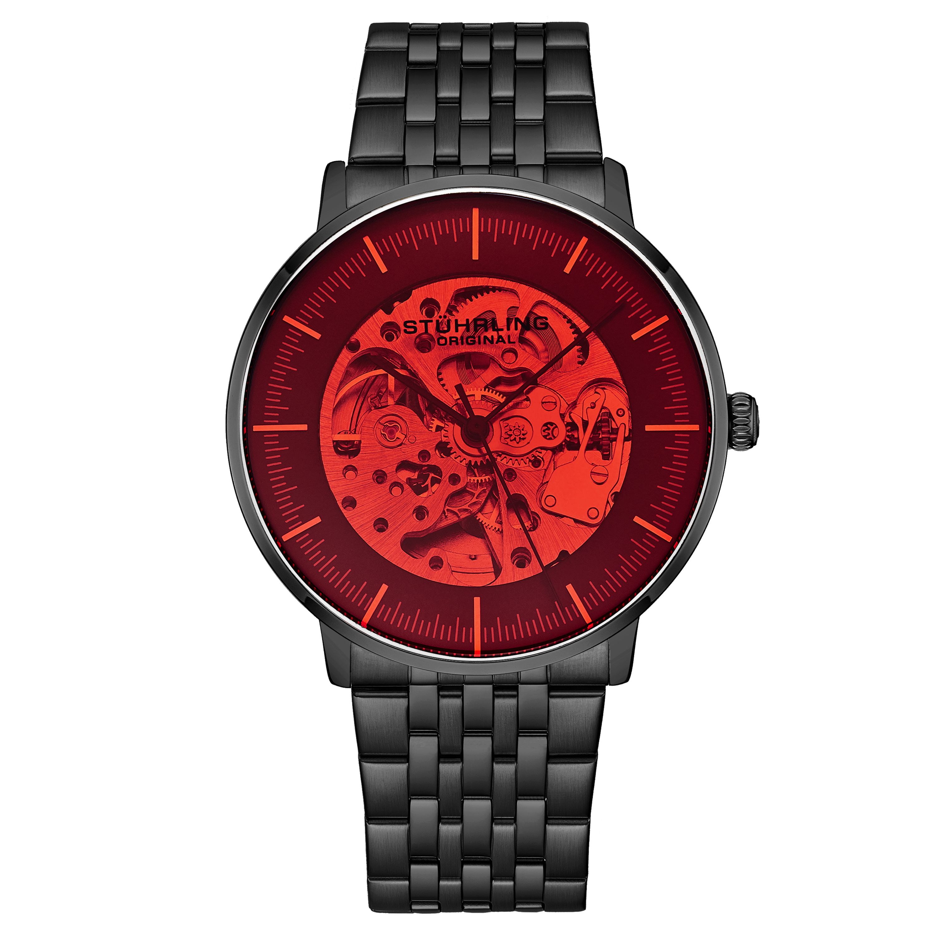 Men's Automatic Black Case, Black Bezel Red Tinted Glass, Grey Dial Ring with Silver Center With Gold Toned Colored Accent, Black Hands and Markers, Black Link Bracelet Watch