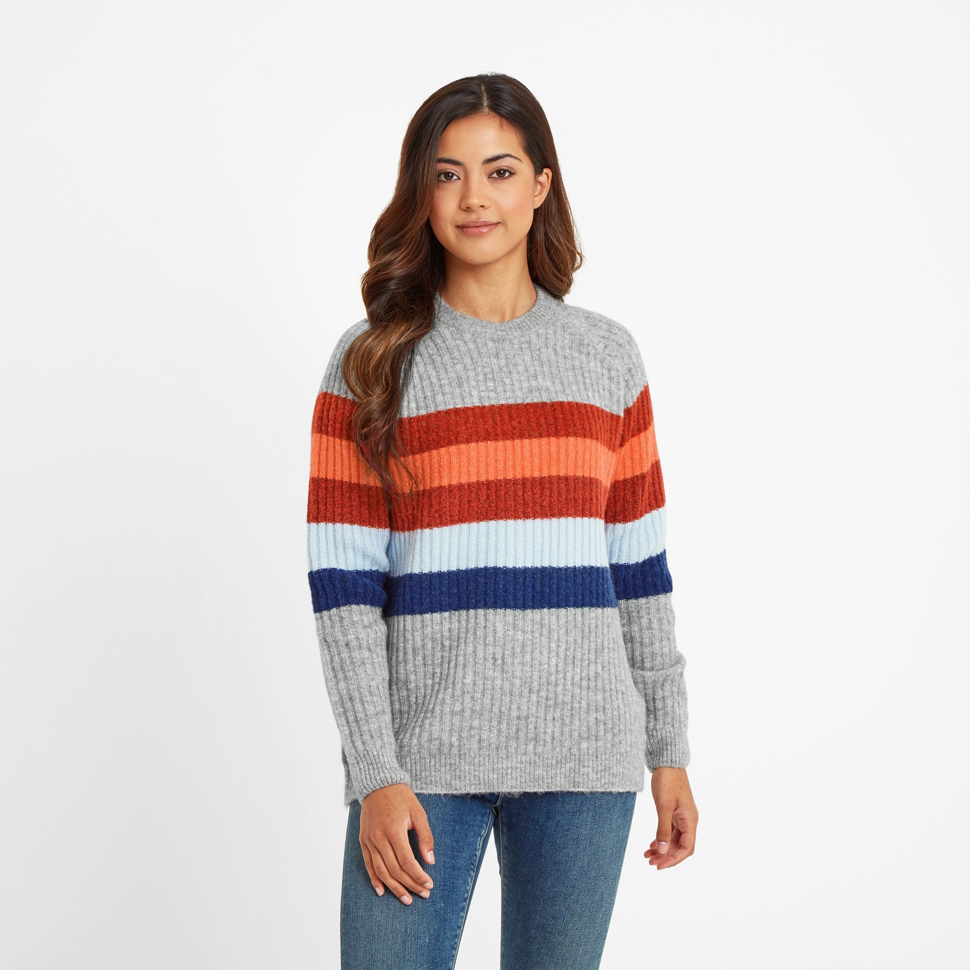 Janine Womens Striped Crew Neck Jumper Light Grey Marl