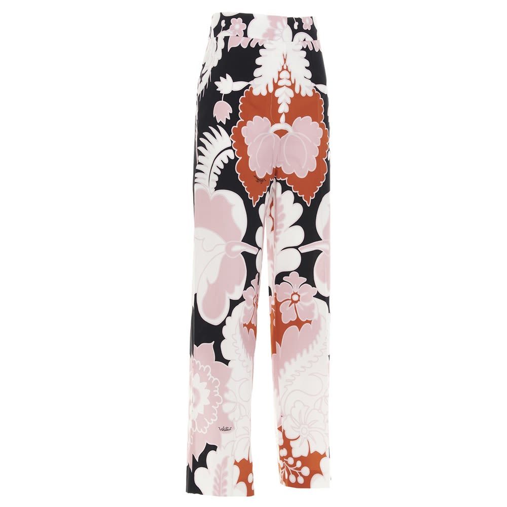 Valentino poplin cotton trousers with all-over print, medium-high waist, with wide leg and pockets.