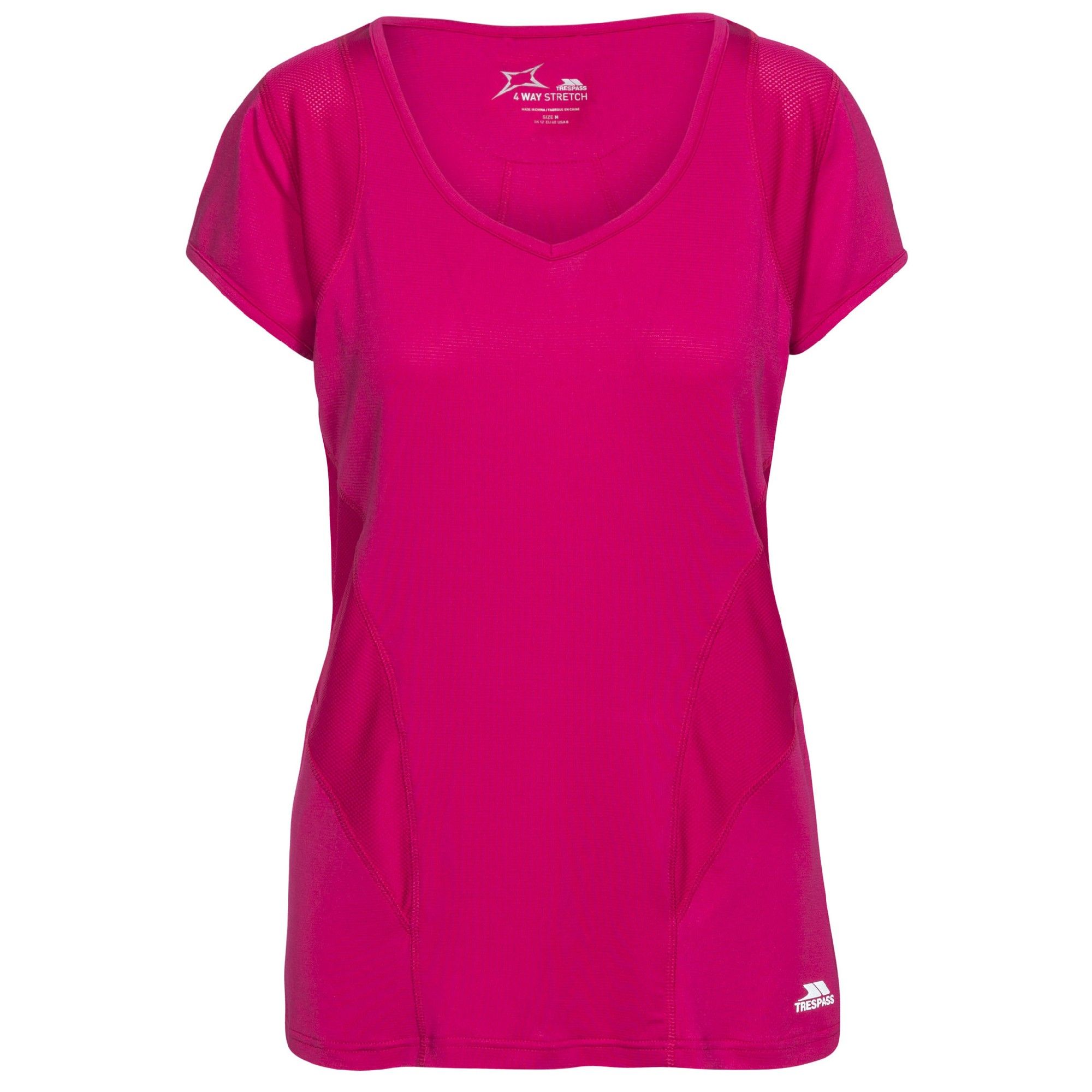 Short sleeves. V-neck. Ventilation panels. Reflective prints. Wicking. Quick dry. 4-way stretch. Main: 90% Polyester/10% Elastane, Mesh panels: 100% Polyester. Trespass Womens Chest Sizing (approx): XS/8 - 32in/81cm, S/10 - 34in/86cm, M/12 - 36in/91.4cm, L/14 - 38in/96.5cm, XL/16 - 40in/101.5cm, XXL/18 - 42in/106.5cm.