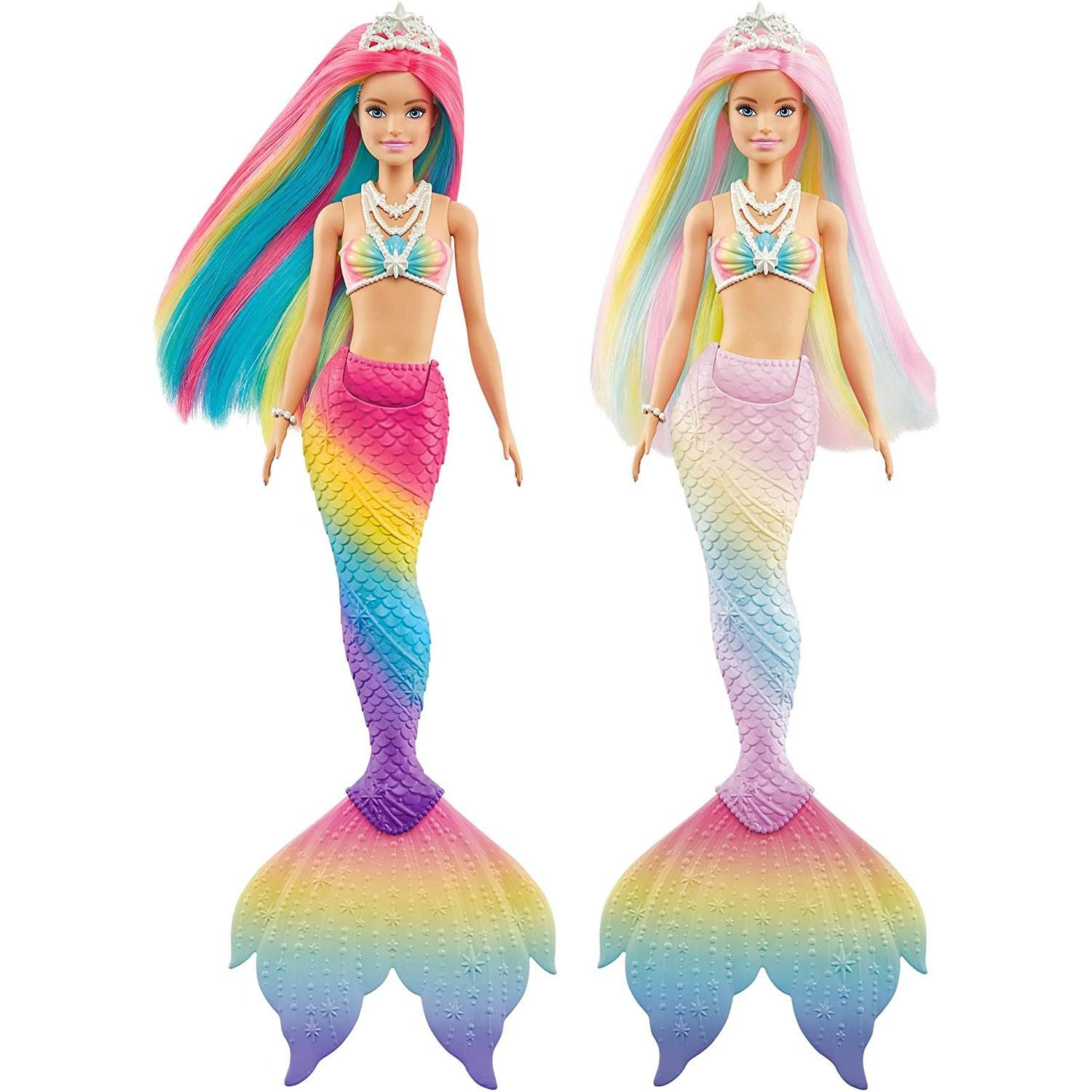 Barbie Dreamtopia Rainbow Magic Colour-Change Mermaid

This Barbie Dreamtopia Rainbow Magic Mermaid doll features a colour-change transformation that lets imaginations dive into their most colourful fairytales yet! The Barbie mermaid doll features a neon-bright fantasy look with a tiara in her rainbow hair, a vibrant multi-coloured tail and a bodice with sea-inspired accents. Ready for a colour transformation? Dip the Barbie doll in warm water and watch her hair, bodice and tail instantly change colour to reveal a rainbow of pretty pastels! Dip her in ice-cold water to see her change back to her original neon-bright look and relive the transformation again and again. Doll cannot swim or stand alone. Colours and decorations may vary.

Features:

​Bring a fantastical colour-change transformation to playtime with Barbie Dreamtopia Rainbow Magic Mermaid doll.
​The Barbie mermaid doll features a neon-bright fantasy look with a tiara in her rainbow hair, a multi-coloured tail and a bodice with sea-inspired accents.
​Dip the Barbie doll in warm water to see her hair, bodice and tail instantly transform to reveal a rainbow of pretty pastels.
​Dip her in ice-cold water to see her change back to her original neon-bright look and relive the transformation again and again.
​Fairytale lovers will have so much fun transforming the Barbie doll's look and taking her on enchanted undersea adventures.
​Barbie Dreamtopia Rainbow Magic Mermaid dolls make a great bath toy or gift for 3 to 7-year-olds.

Box Contains: Barbie Dreamtopia Rainbow Magic Colour-Change Mermaid