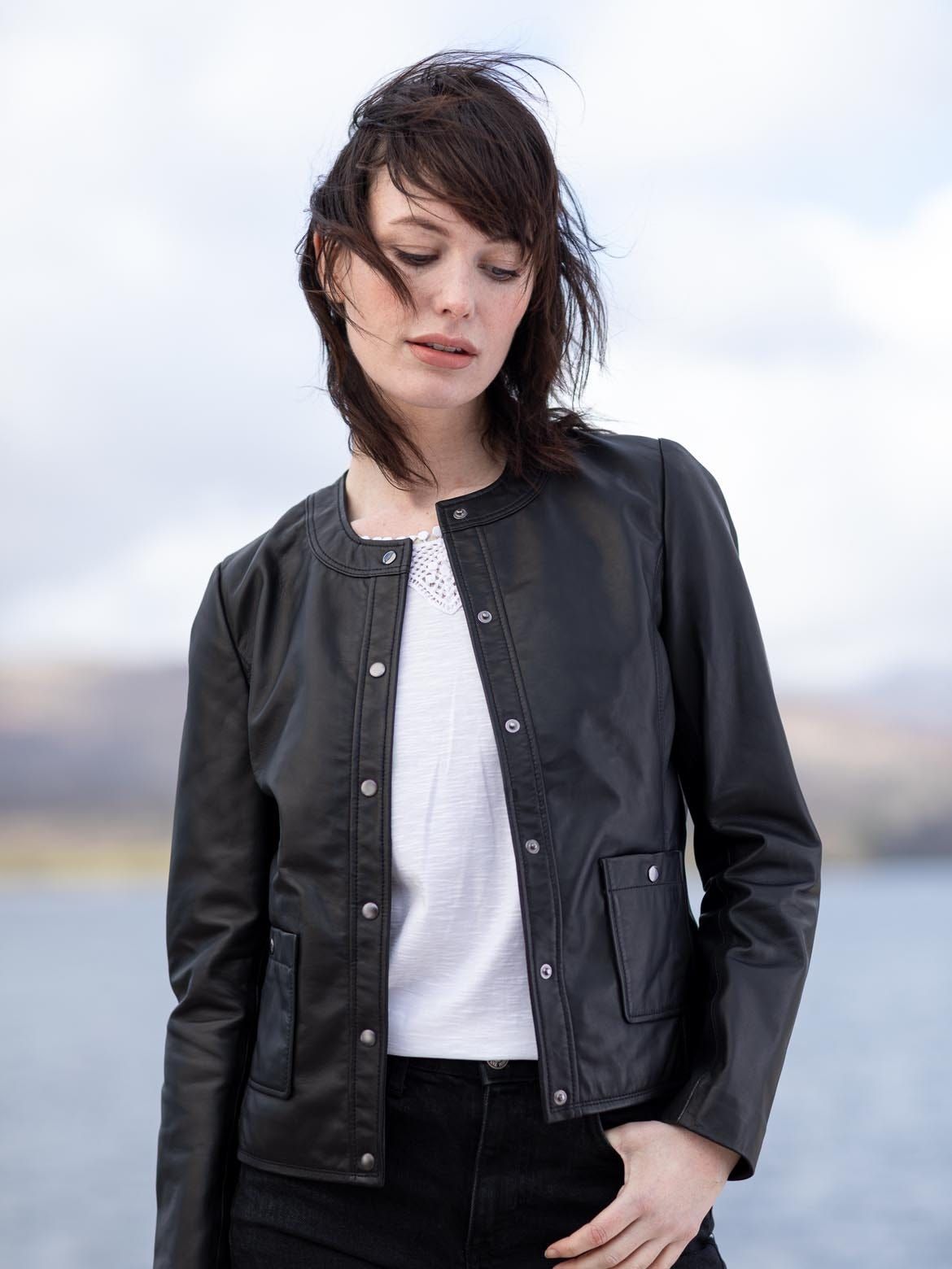 Castlehead Collarless Leather Jacket in Black