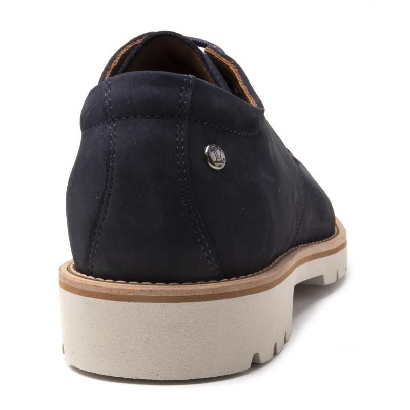 Men's Navy Panama Jack Lace-up Kalvin Derby Shoes With Premium Leather Upper, Metal Eyelets And Branded Heel Pin, And Contrast Stitched Edging. These Lightweight Shoes Made In Spain Have A Contrasting Flexible Non-slip Eva Chunky Rubber Sole And Removable Contoured Insole.