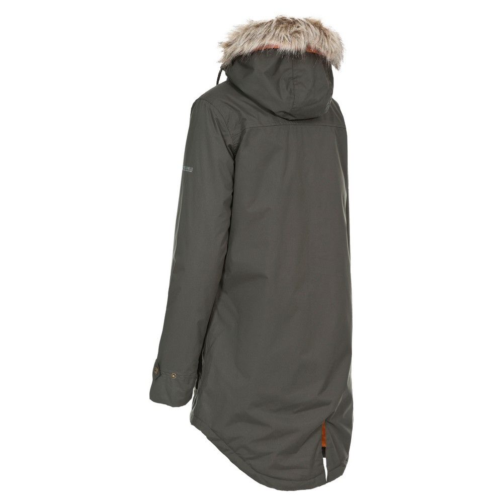 Womens padded waterproof ski jacket. Adjustable grown on hood. 2 x zip chest pockets. 2 x lower profile patch pockets. Taped seams. Button cuff adjusters. Adjustable drawcord hem. Chin guard. Windproof with faux fur lining. Ideal for wearing outside on a cold day. Shell: 100% Polyester PU Coating. Lining: 100% Polyester.
