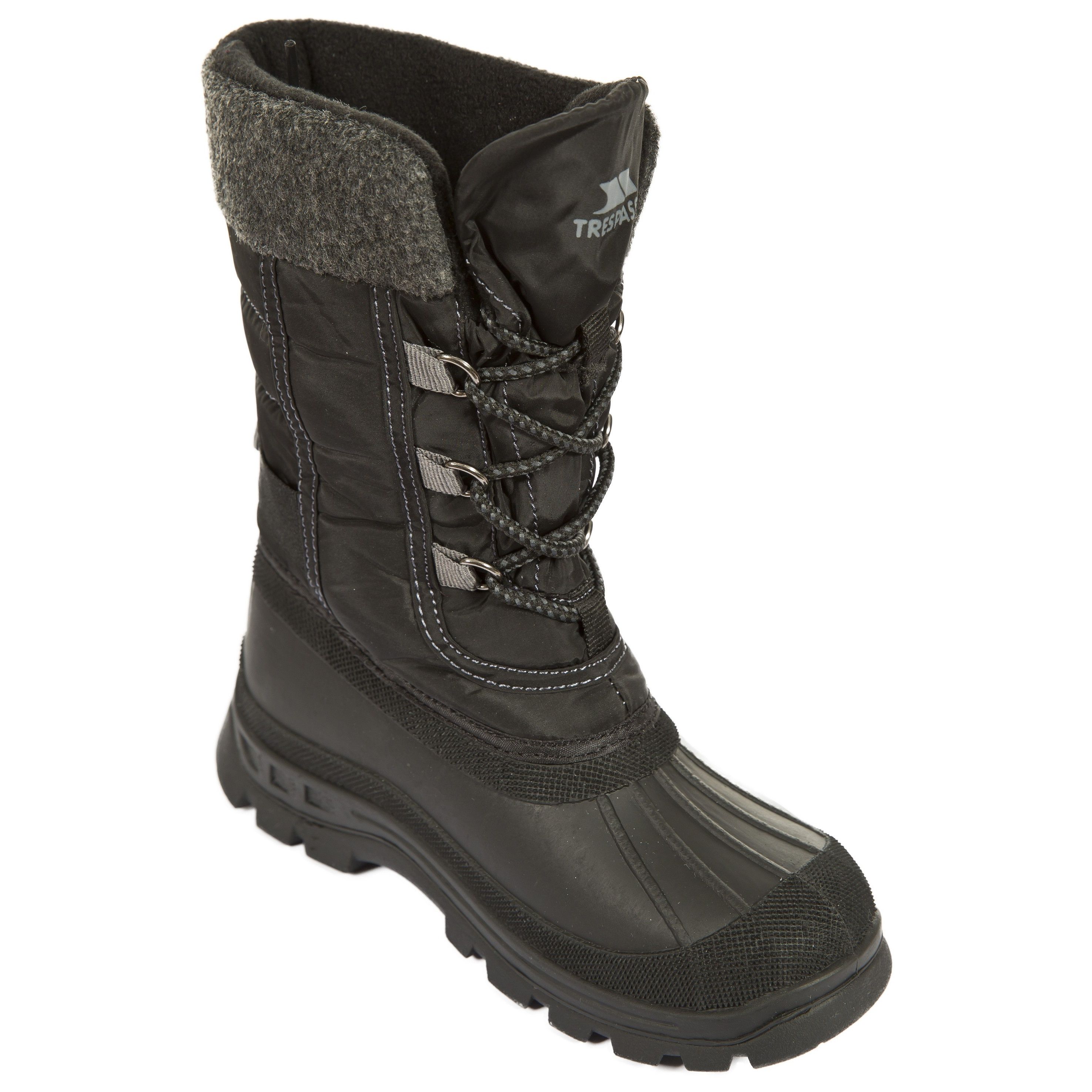 Boys snow boot. Insulated and warm fleece lined. Waterproof rubber shell outsole. Water resistant textile upper. Adjustable touch fastening strap. Sherpa fleece collar. Upper: Textile/Sherpa fleece, Lining: Fleece, Outsole: Rubber.