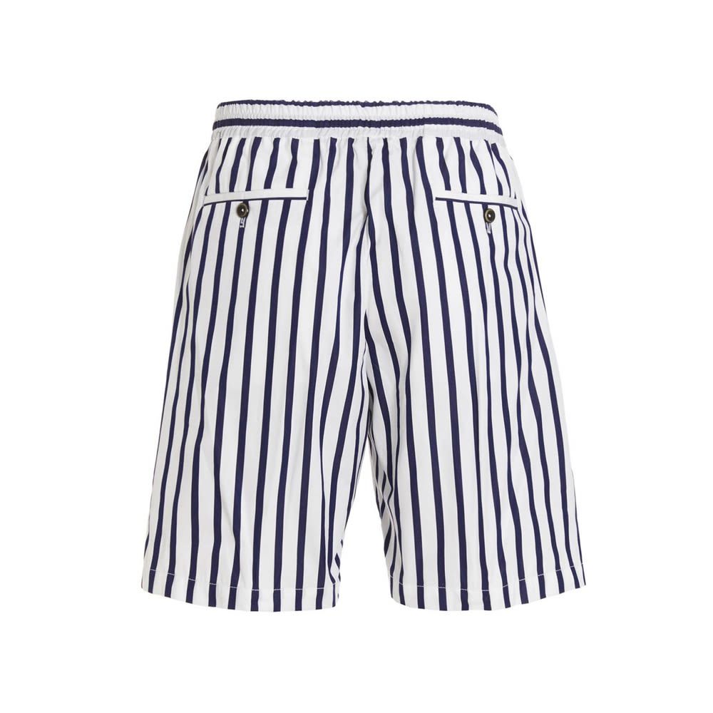 Stripe print cotton bermuda shorts with drawstring elastic waistband and pockets.