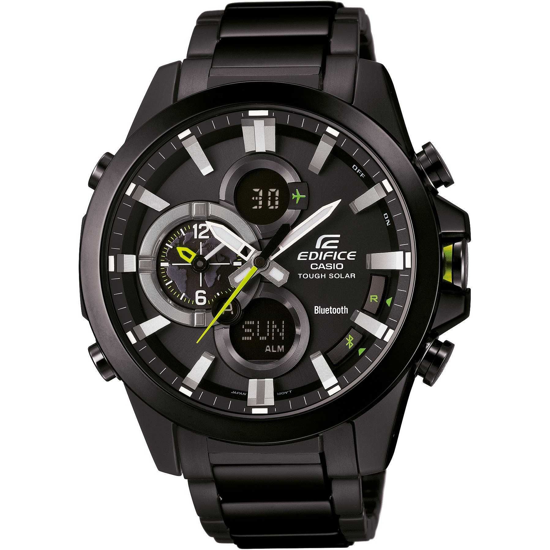 This Casio Edifice Analogue-Digital Watch for Men is the perfect timepiece to wear or to gift. It's Black 44 mm Round case combined with the comfortable Black Stainless steel will ensure you enjoy this stunning timepiece without any compromise. Operated by a high quality Quartz movement and water resistant to 10 bars, your watch will keep ticking. This smartwatch connects wireless to your smartphone through bluetooth, this watch glows in the dark and has a Dual time -The watch has a Calendar function: Day-Date, Bluetooth, Solar Powered, Stop Watch, Countdown, Alarm High quality 21 cm length and 21 mm width Black Stainless steel strap with a Fold over with push button clasp Case diameter: 44 mm,case thickness: 15 mm, case colour: Black and dial colour: Black