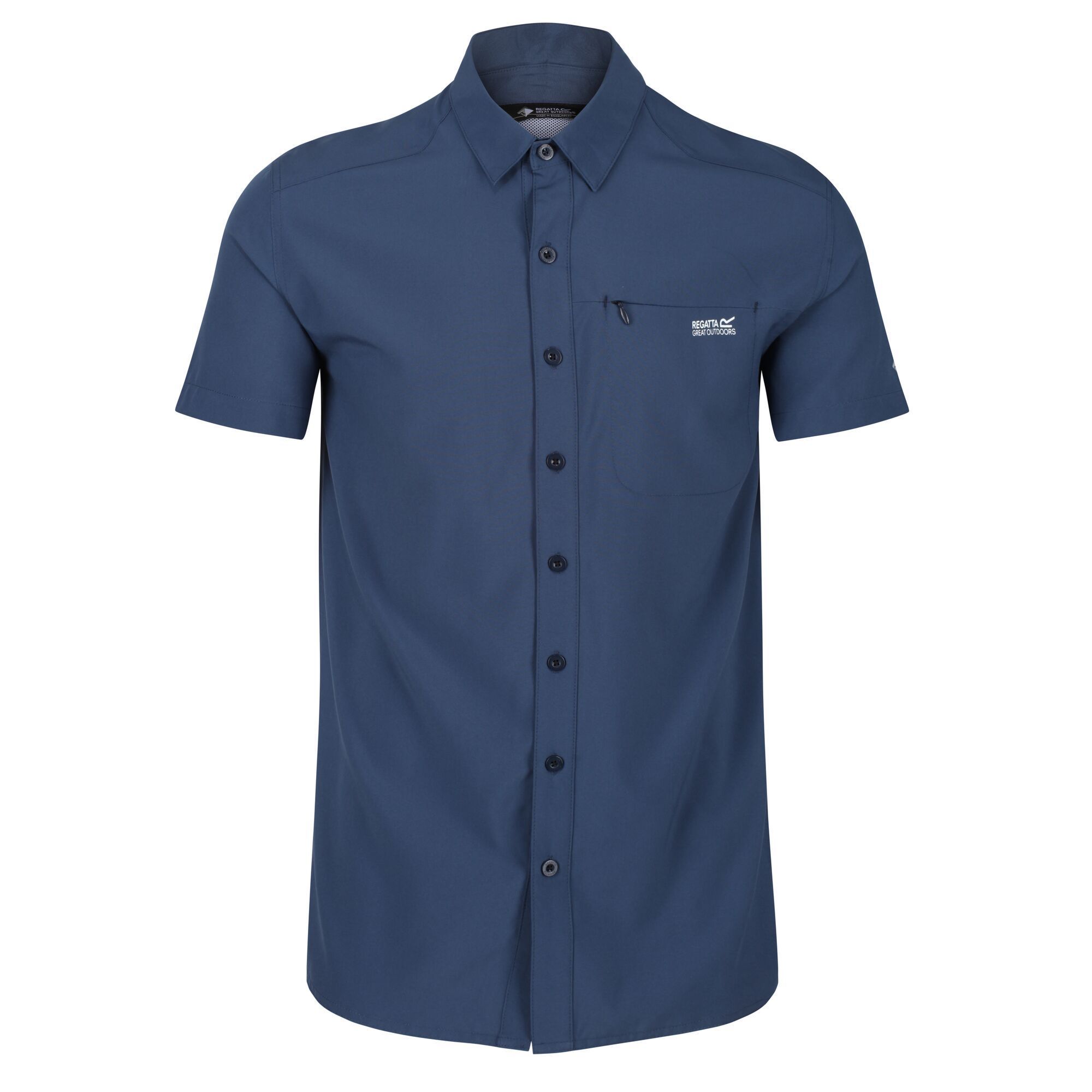 Material: 96% Polyester, 4% Elastane. Showerproof Isoflex short-sleeved shirt with airflow panels and durable water-repellent finish. Underarm mesh. Double layer collar. Trim, zipped chest pocket. Regatta logo on left arm.