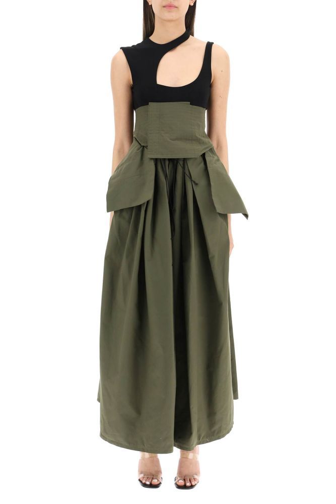 A.W.A.K.E. Mode maxi skirt pant in cotton blend poplin, characterized by bustier design at waistband with hook&loop fastening and dropped panel. Drawstring waistband, slash pockets. Oversized fit. The model is 177 cm tall and wears a size FR 36.