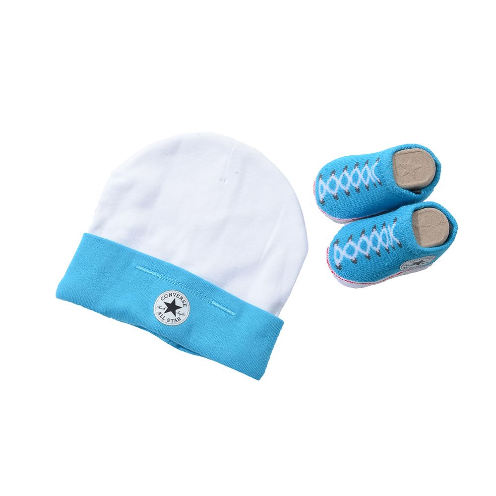 • Cap: 100% Combed Cotton. Booties: 82% Cotton 16% Polyester 2% Spandex . • Blue and White. • Lace Up Designs.