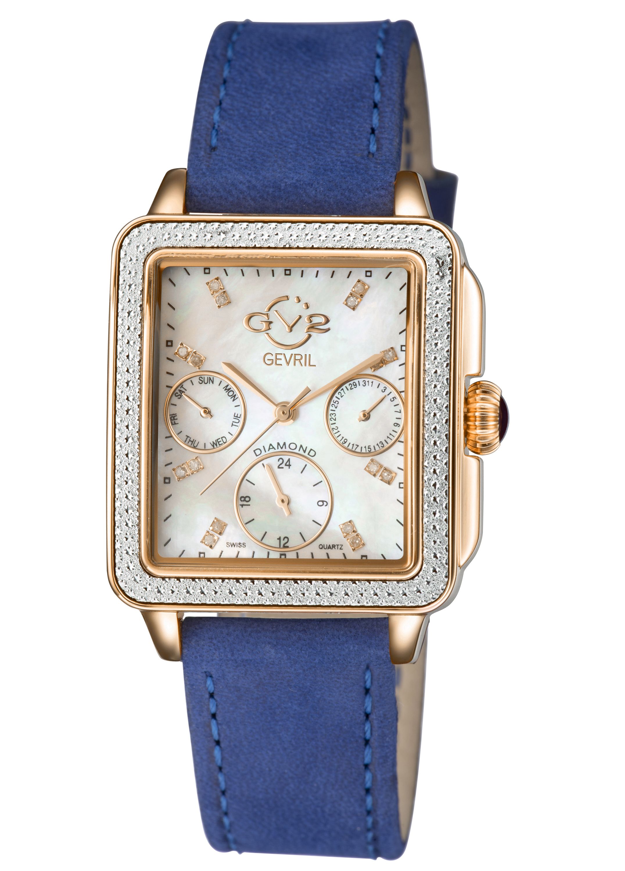 GV2 Women's Bari Suede Gold Tone Swiss Quartz Blue Leather Watch