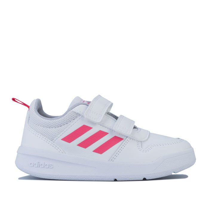 Children Girls adidas Tensaurus Trainers in cloud White - real Pink. – Coated leather and mesh upper. – Double hook and loop closure and webbing heel pull for easy on-off. – Padded collar and tongue. – Printed 3-Stripes to sides. – Embossed adidas branding at side heel. – Comfortable textile lining. – Removable cushioned sockliner. – Non-marking rubber outsole. – Leather synthetic and textile upper – Textile lining – Synthetic sole. – Ref: EF1097