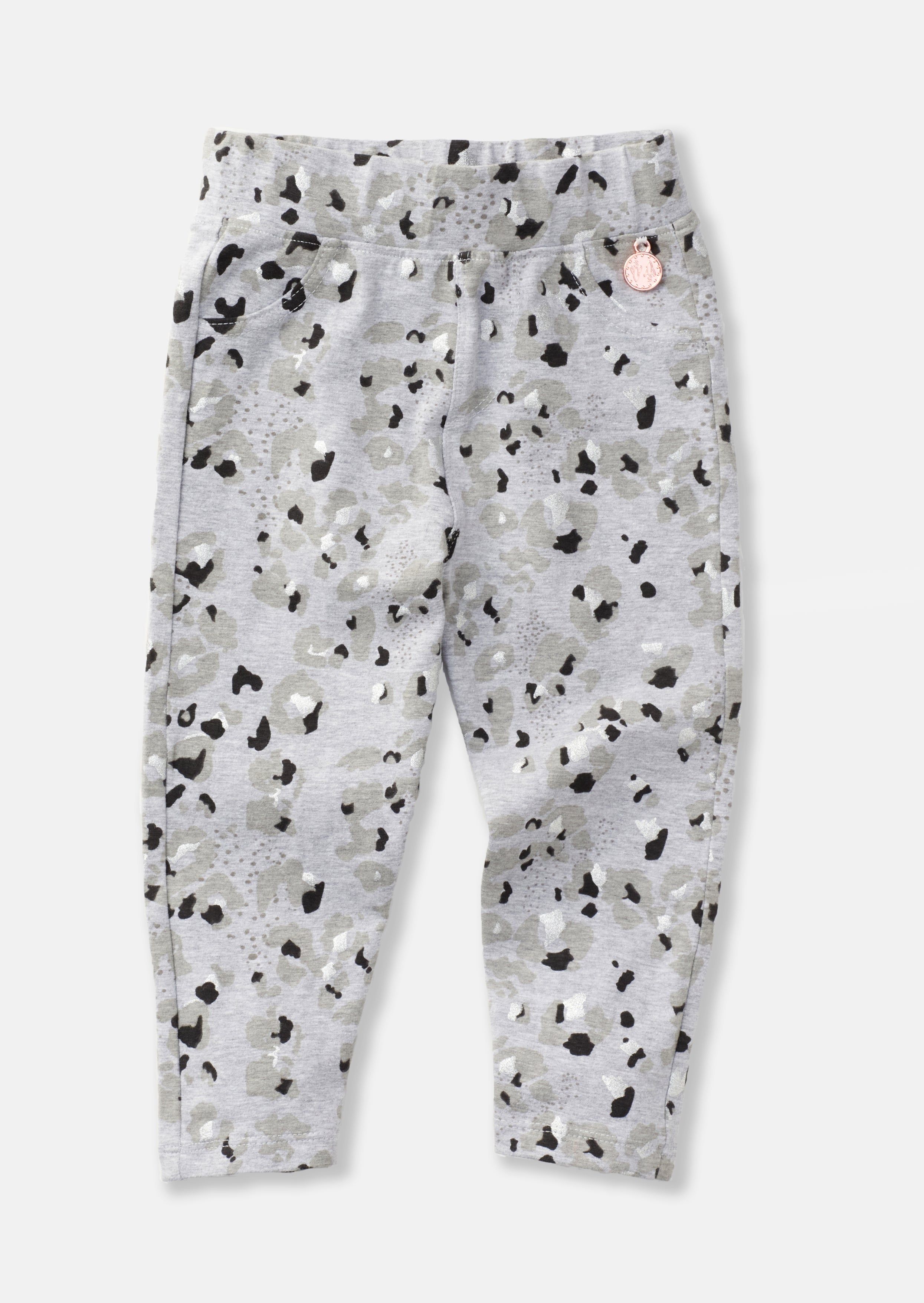 Luna Super cute leopard print legging. So comfy in super stretch cotton elastane  with metalic detail. Team with Zoey sweatshirt for the perfect cute co-ord.  Angel & Rocket cares – made with fairtrade cotton  Colour: Grey Marl  About me: 95% Cotton  5% Elastane  Look after me – Think planet  wash at 30c