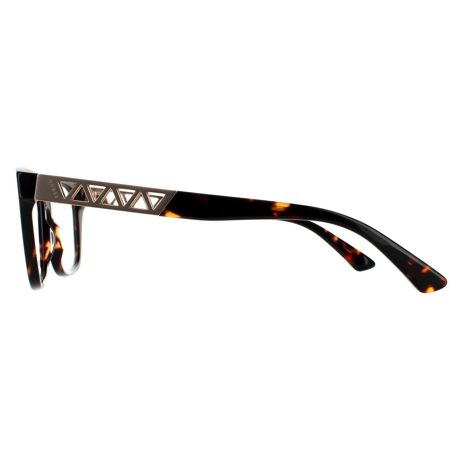 Guess Rectangular Womens Dark Havana Glasses Frames GU2784 are a stunning square design crafted from lightweight plastic with a metal cut out motif along the temples that has a sparkling chain attachment.
