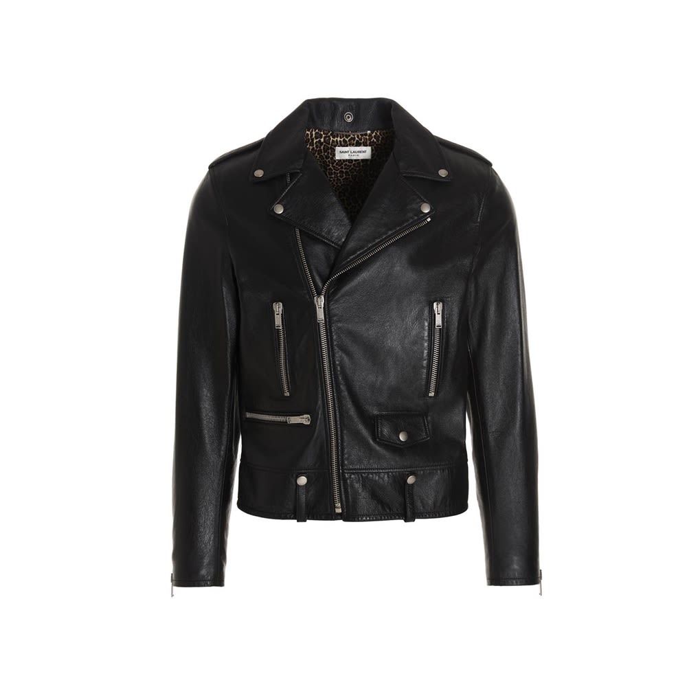 'Classic motorcycle' leather biker jacket with a zip closure and silver hardware.