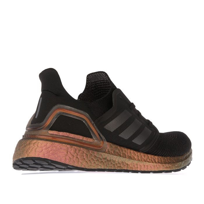 Mens adidas Ultraboost 20 Running Shoes in black.- adidas Primeknit textile upper.- Lace closure.- Snug  sock-like fit.- Lightly padded ankle.- Tailored Fibre Placement locked-in fit.- Responsive Boost midsole.- Stretchweb outsole with Continental™ Rubber.- Textile upper  Textile lining  Stretchweb sole.- Ref.: EG9749