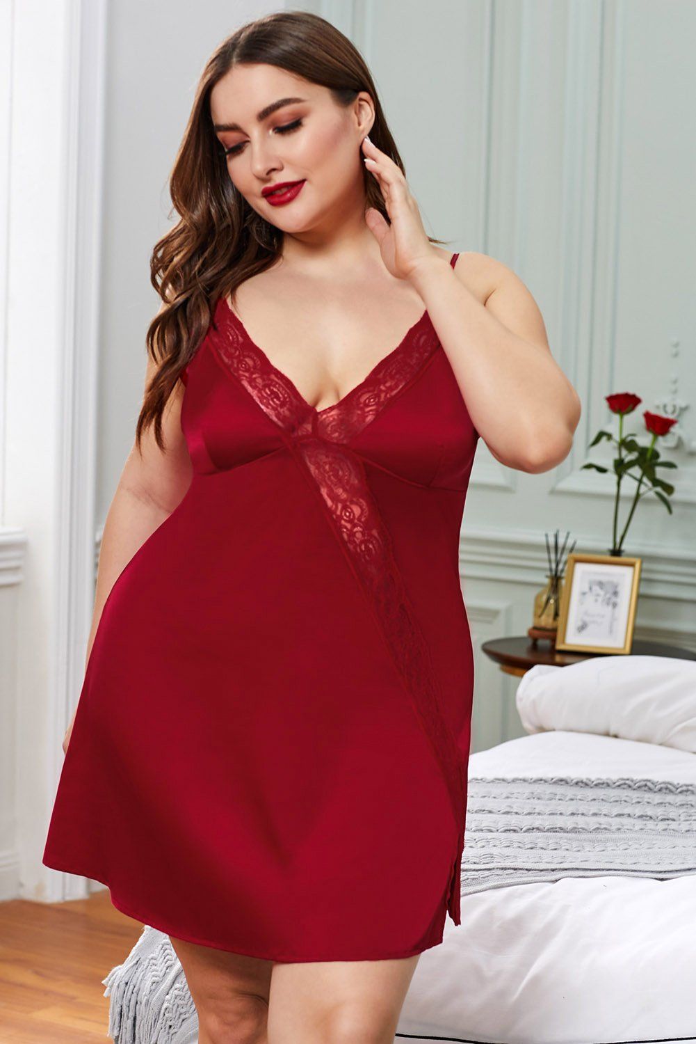 - Charmeuse fabric made which is sleek and soft, very cozy to wear
- Adjustable spaghetti straps, seductive v neck, and oblique lace insert with slits
- Different colors available and plus size for full-figured ladies
- One of our sexiest design for those romantic moments
- Wear sexy lingerie is a good way to spice up
Size Chart (CM).
Sizes.	Bust.	Length.	Trousers Waist.
	Stretched.	Stretched.	Stretched.
0X.	97.	77.	80.
1X.	104.	79.	87.
2X.	111.	81.	94.
3X.	118.	83.	101.
4X.	125.	85.	108.
5X.	132.	87.	115.
Elasticity.	None.
. . . Note:
1.There maybe 1 -2 cm. deviation in different sizes, locations and stretch of fabrics. Size chart is for reference only, there may be a little difference with what you get.
2.There are 3 kinds of elasticity: High Elasticity (two-sided stretched), Medium Elasticity (one-sided stretched) and Nonelastic (can not stretched).
3.Color may be lighter or darker due to the different PC display.
4.Wash it by hand in 30-degree water, hang to dry in shade, prohibit bleaching.
5.There maybe a slightly difference on detail and pattern.