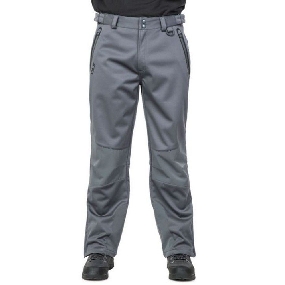 Flat waist with touch fastening side adjusters. Front fly opening. 3 welded waterproof zip pockets. Articulated knee darts. Reinforced ankle patches. Zipped side vent with gusset. D ring at waist. Waterproof 10000mm, breathable 5000mvp, windproof. Softshell. 100% Polyester, TPU membrane. Trespass Mens Waist Sizing (approx): S - 32in/81cm, M - 34in/86cm, L - 36in/91.5cm, XL - 38in/96.5cm, XXL - 40in/101.5cm, XXXL - 42in/106.5cm.