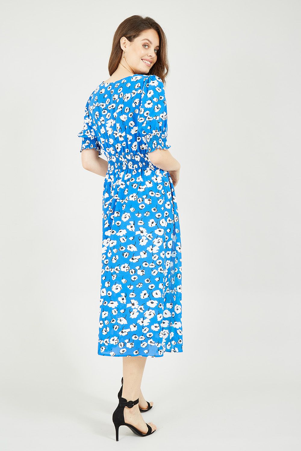 Yumi Blue Floral Puff Sleeve Ruched Waist Midi Dress 