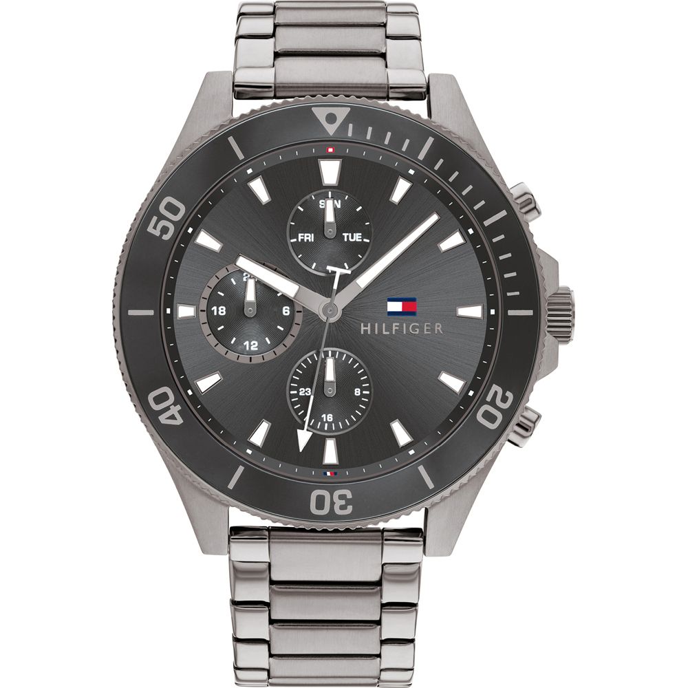 This Tommy Hilfiger Larson Multi Dial Watch for Men is the perfect timepiece to wear or to gift. It's Grey 46 mm Round case combined with the comfortable Grey Stainless steel watch band will ensure you enjoy this stunning timepiece without any compromise. Operated by a high quality Quartz movement and water resistant to 5 bars, your watch will keep ticking. This fashionable watch with numbers on the bezel is a perfect gift for New Year, birthday,valentine's day and so on -The watch has a calendar function: Day-Date, 24-hour Display High quality 21 cm length and 20 mm width Grey Stainless steel strap with a Fold over with push button clasp Case diameter: 46 mm,case thickness: 10 mm, case colour: Grey and dial colour: Grey