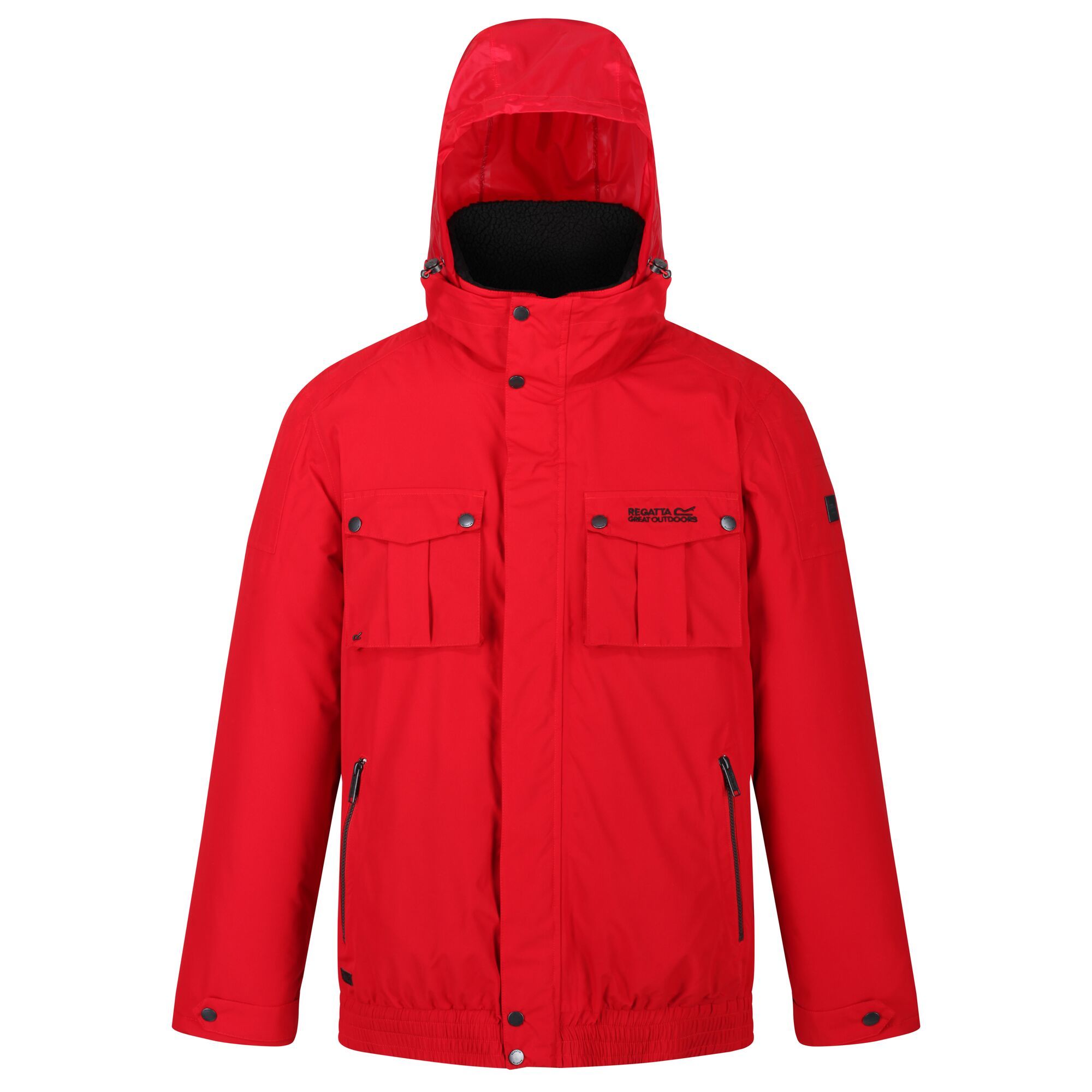 Material: polyester: 100%. Waterproof and breathable Isotex 5000 peached polyester fabric. Breathability rating: 5,000g/m2/24hrs. Taped seams. Durable water repellent finish. Polyester taffeta lining. Internal security pocket. Lightweight concealed hood with adjusters. Sherpa fleece inner collar. Adjustable cuffs with snap fastening. 2 zipped lower pockets. 2 chest patch pockets. Elasticated hem. Regatta outdoors badge on left sleeve. Size (chest): (XXS) 32-34in/81-86cm, (XS) 35-36in/89-91.5cm, (S) 37-38in/94-96.5cm, (M) 39-40in/99-101.5cm, (L) 41-42in/104-106.5cm, (XL) 43-44in/109-112cm, (XXL) 46-48in/117-122cm, (3XL) 49-51in/124.5-129.5cm, (4XL) 52-54in/132-137cm, (5XL) 55-57in/140-145cm, (6XL) 58-60in/147-152.5cm.