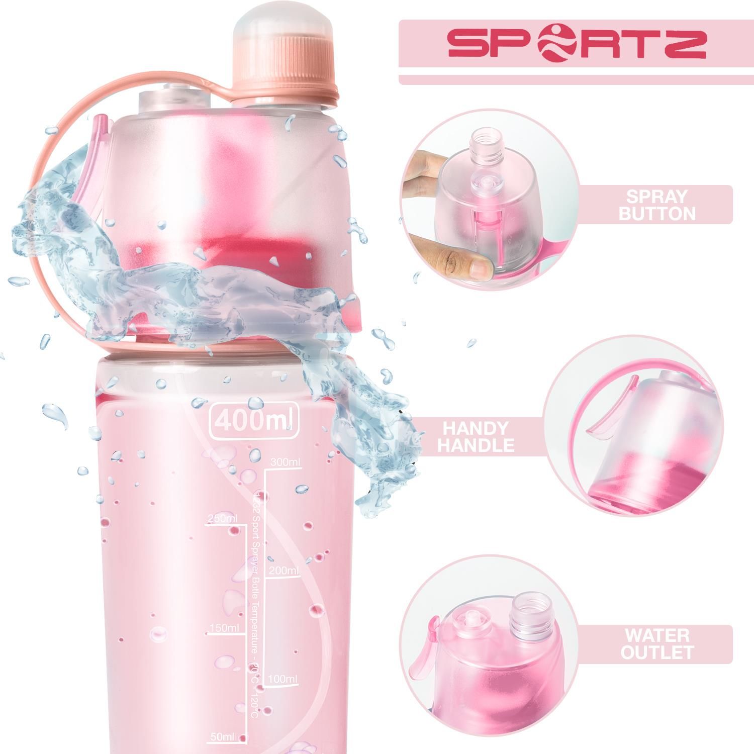 Travel Sports Water Bottle with Spray Function 400ml.  This spray water bottle has a button on the top of bottle to enable you to spray water.  Graduated design, there is scales on the bottle, so you can check your water capacity easily.  Leak proof design prevents the water leaking out. With portable handle and anti-lost lid, convenient to carry this sport water bottle to anywhere. Handle design is convenient for you to carry whether you are camping, hiking or traveling.  This creative water bottle can be useful in the car, train, office, school, sport or the gym. Water to quench your thirst, cooling spray, very suitable for students, office workers, sportsmen, outdoor people, groups, long-term driving.