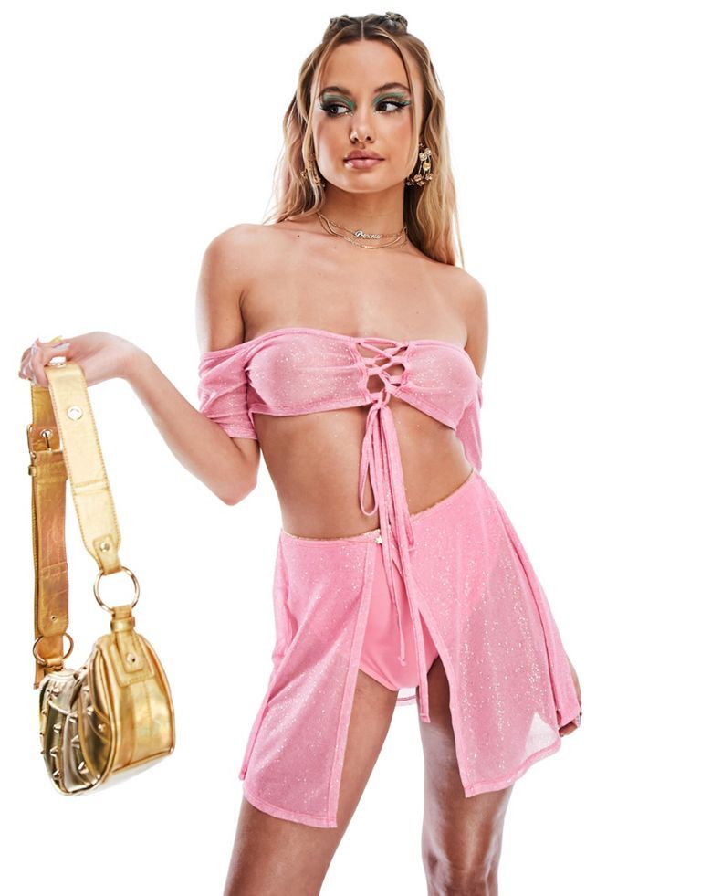 ASYOU festival glitter mesh bardot lace up bralet co-ord in pink