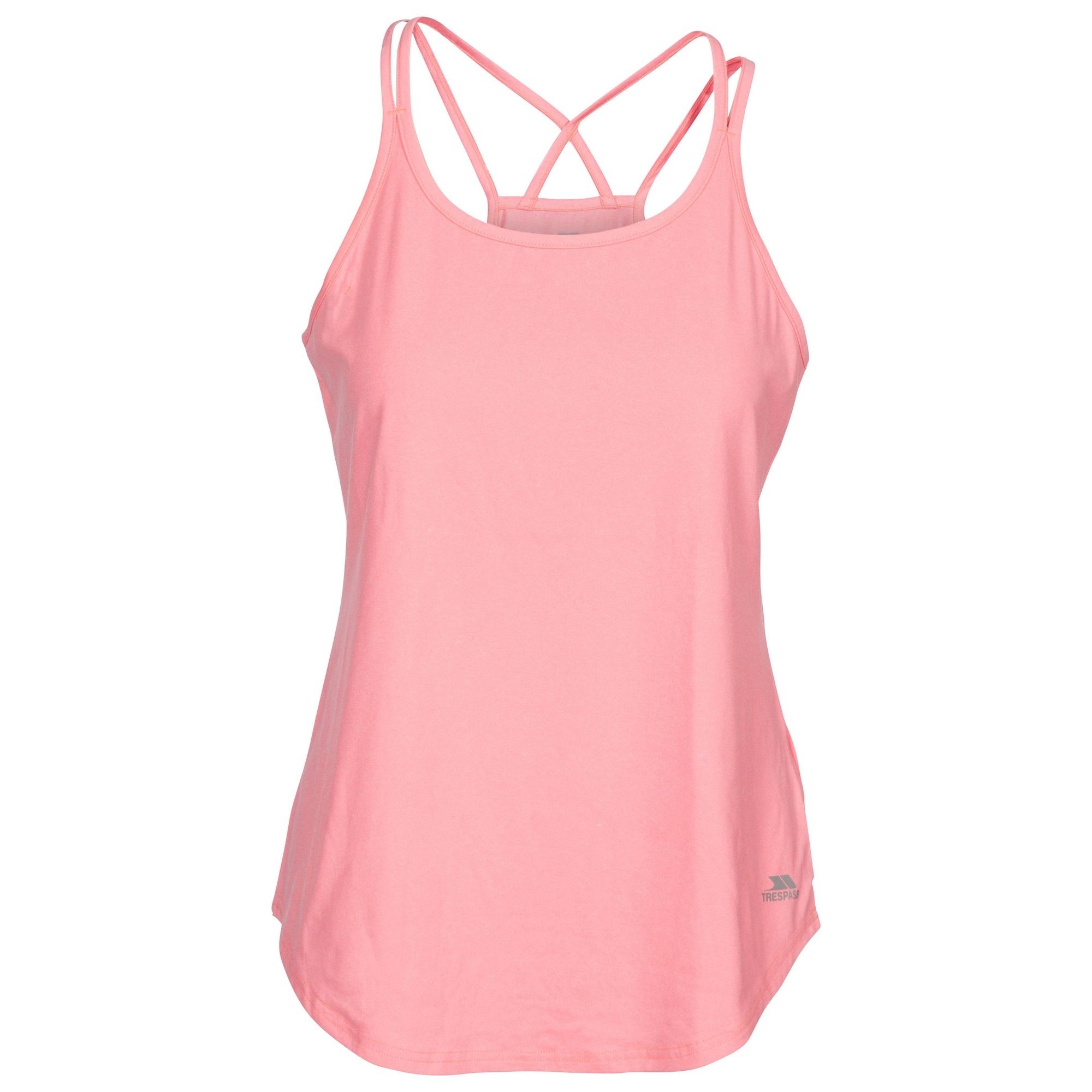 Vest top. Round neck. Double strap detail with crossover back. Reflective printed logos. Wicking. Quick dry. 92% Polyester, 8% Elastane. Trespass Womens Chest Sizing (approx): XS/8 - 32in/81cm, S/10 - 34in/86cm, M/12 - 36in/91.4cm, L/14 - 38in/96.5cm, XL/16 - 40in/101.5cm, XXL/18 - 42in/106.5cm.