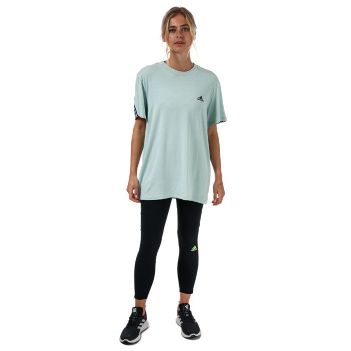 Womens adidas Must Haves 3-Stripes T- Shirt in green.- Ribbed crew neck.- Short sleeves.- Iconic 3-Stripes across the back.- Loose fit.- Body: 48% Cotton  47% Modal  5% Elastane.  Machine washable.- Ref: GH3801