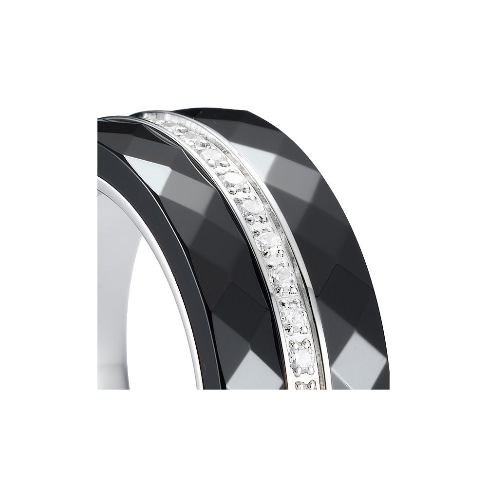 Silver, Black Ceramic and White Cubic Zirconia Ring