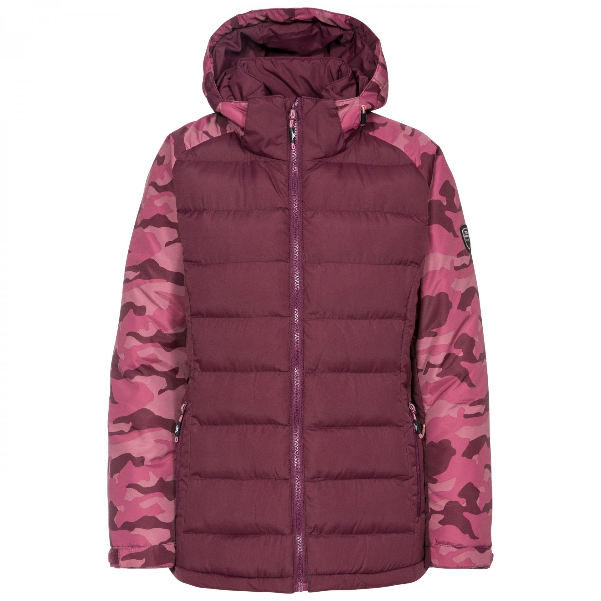 Shell material: 100% polyester pongee AC coated. Lining and filling material: 100% polyester. Urge women`s ski jackets are expertly woven with a lightly padded windproof shell. Features a zip-off hood, a high neck with a full zip front fastening, 1 ski pass zip pockets, 2 side zip pockets and long sleeves. Also features wrist guards at the adjustable touch fastening cuffs, an inner storm flap, a snowskirt and a drawcord at the hem. The padded jacket is decorated with camo print panels to detail.