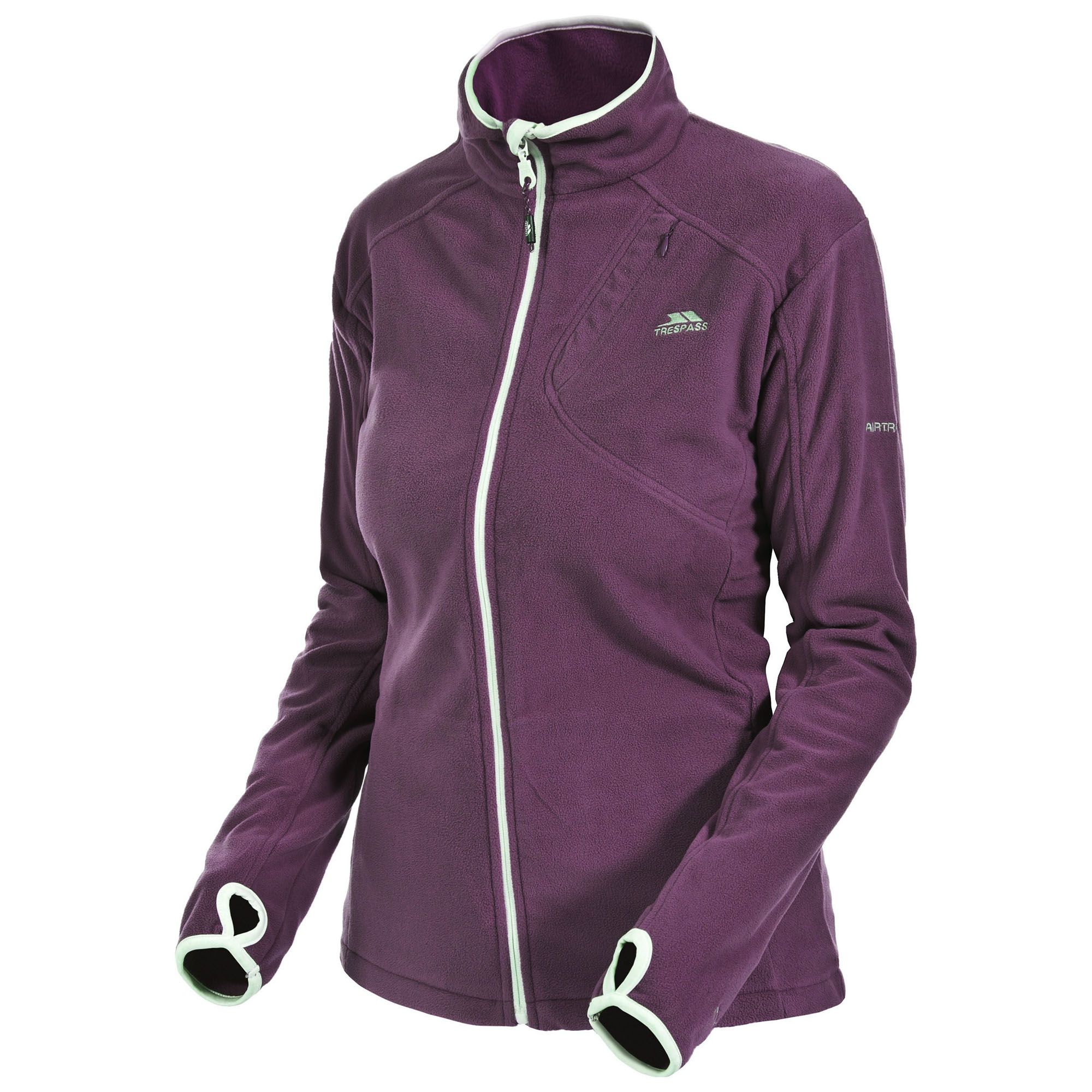 Contrasting low profile centre zip. 2 lower zipped pockets. 1 zipped chest pocket. Finished with contrast binding. Thumb loops. 100% Polyester. Trespass Womens Chest Sizing (approx): XS/8 - 32in/81cm, S/10 - 34in/86cm, M/12 - 36in/91.4cm, L/14 - 38in/96.5cm, XL/16 - 40in/101.5cm, XXL/18 - 42in/106.5cm.